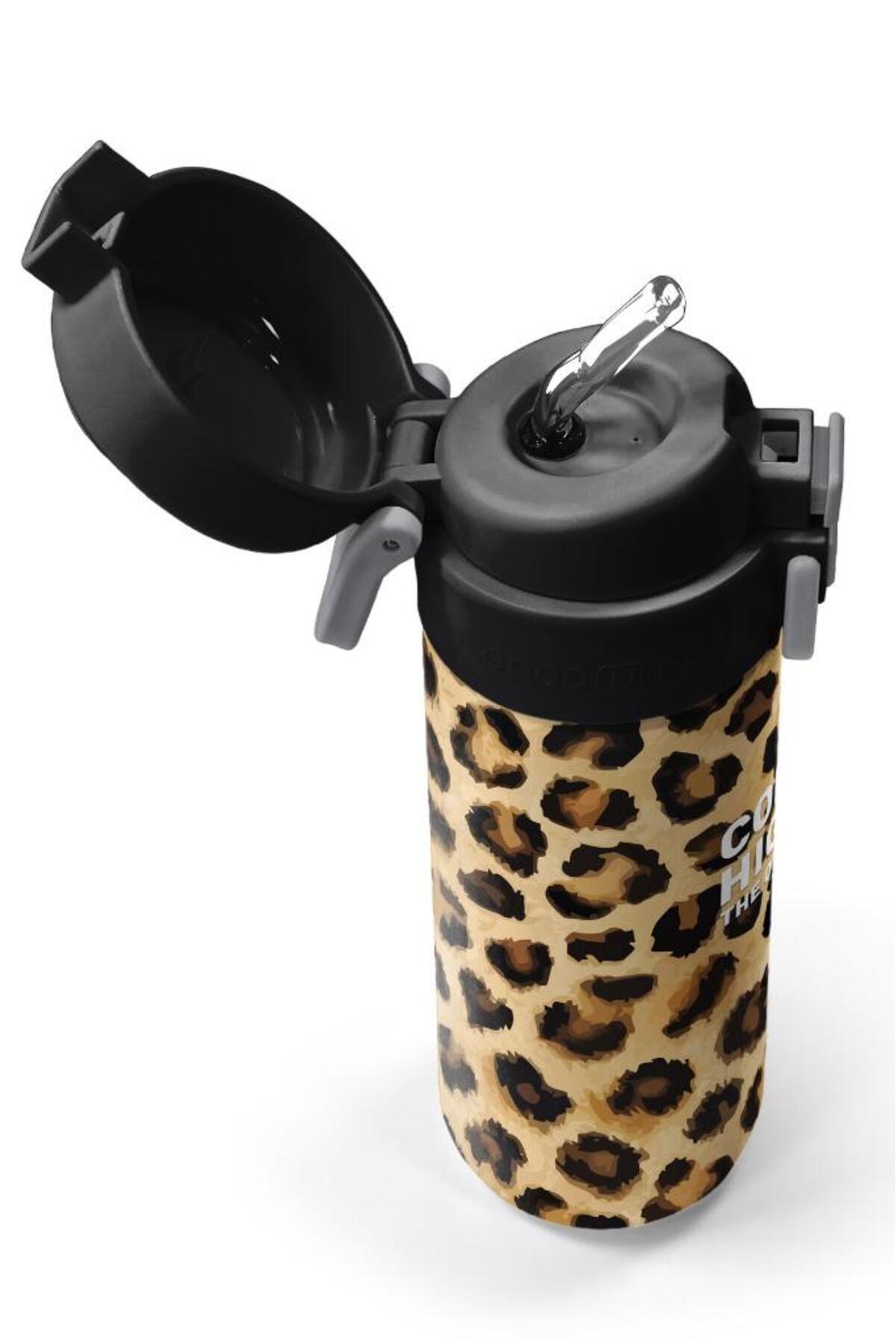 Kids Kahverengi Leopar Desenli Pipetli ve Direkt İçim Çelik Termos 500 ml 31881