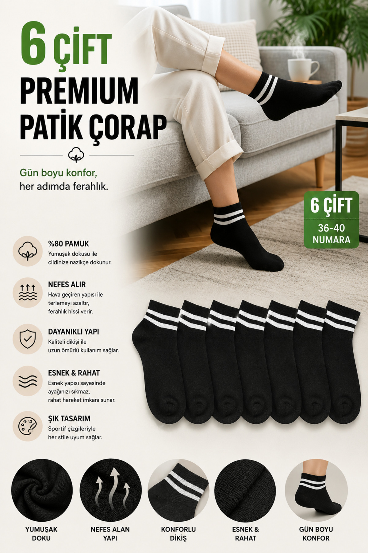 Socks Stores 6 pari ženskih crnih prugastih pamučnih čarapa