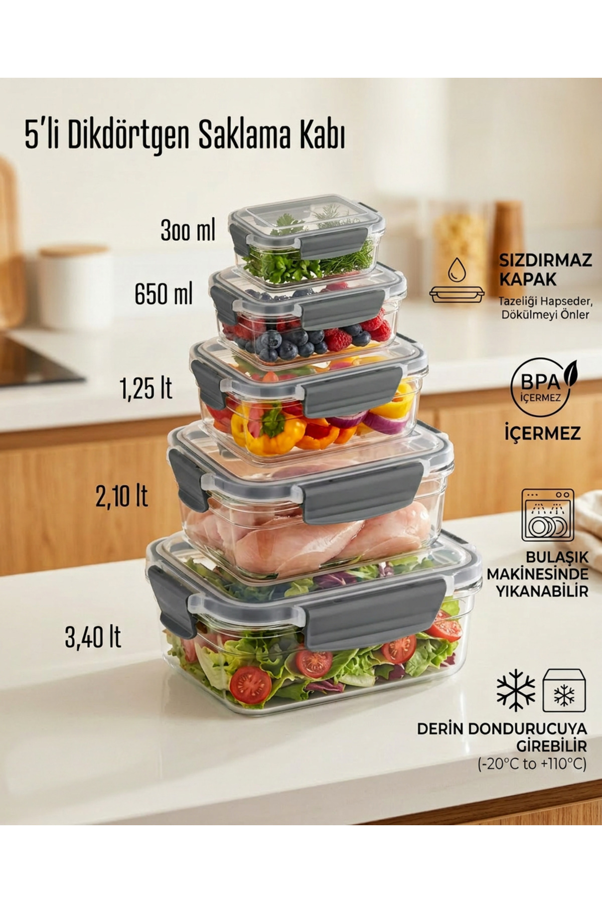 MAXİFRESH Saklama Kabı Seti Kilitli Sızdırmaz Dikdörtgen Mutfak