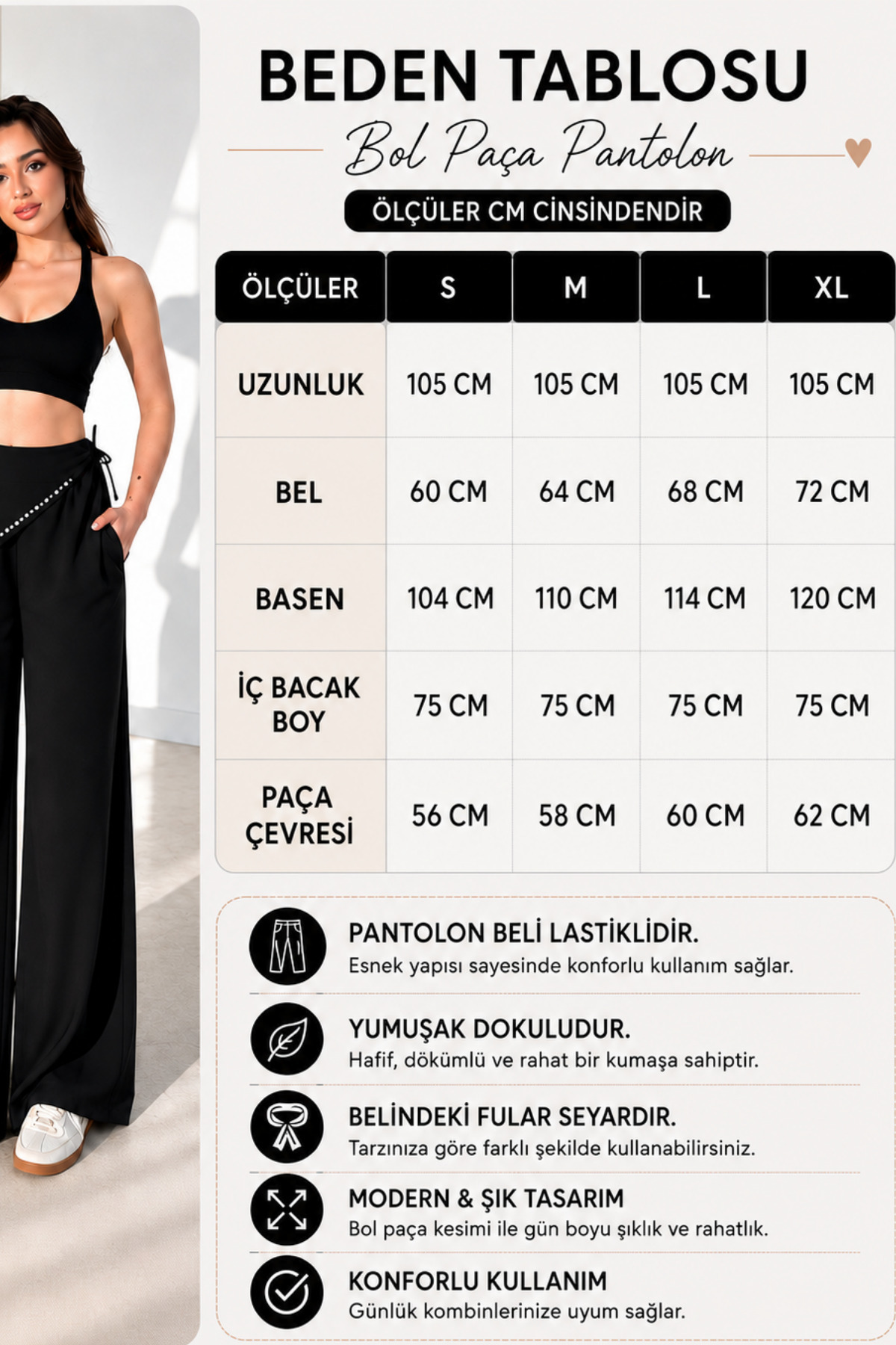 MİROR Kadın Antirasit Taşlı Fular Detay Bol Paça Yüksek Bel Pantolon görsel 2