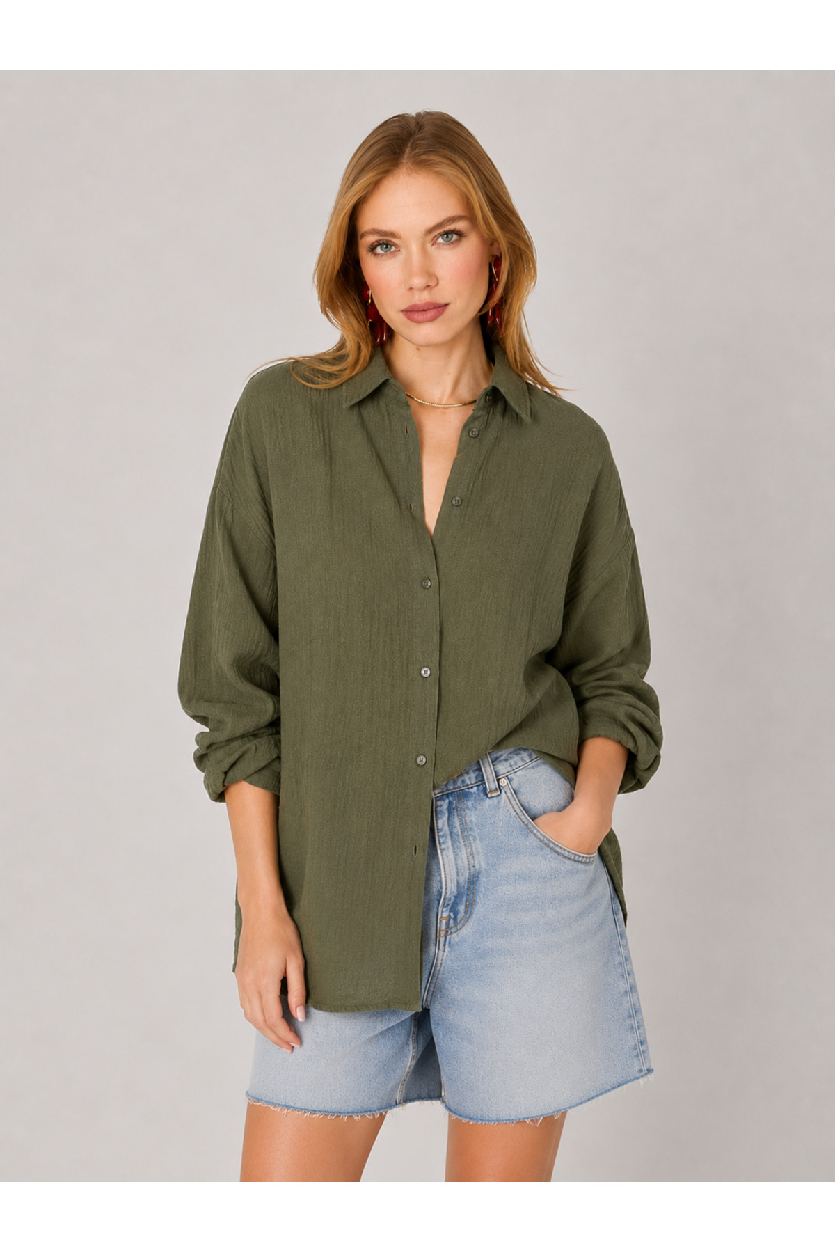 Washed 100% Cotton Muslin Inverse Shirt - Khaki |MKS165030-01