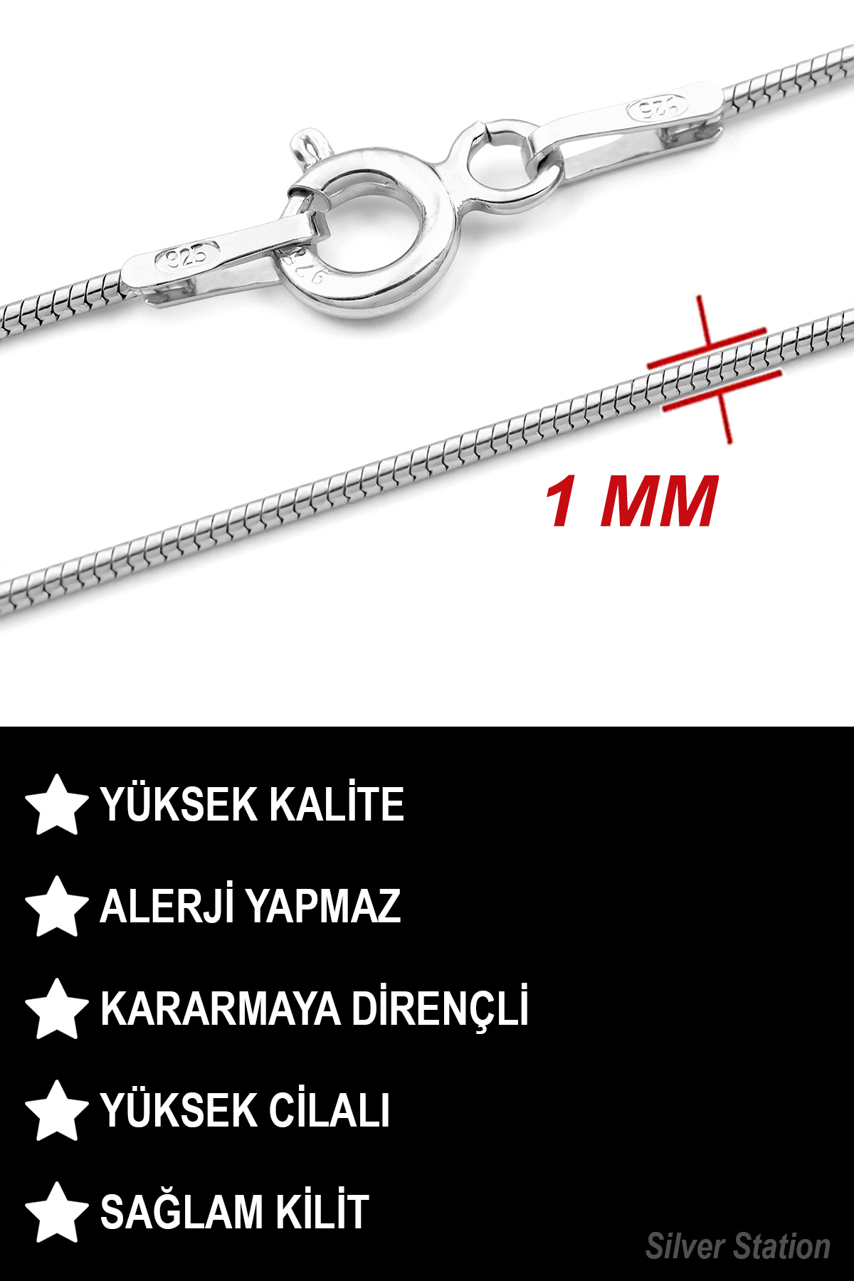Silver Station İtalyan 925 Ayar Gümüş Yuvarlak Yılan Zincir Kolye 40-45-50-55-60-75 cm görsel 2