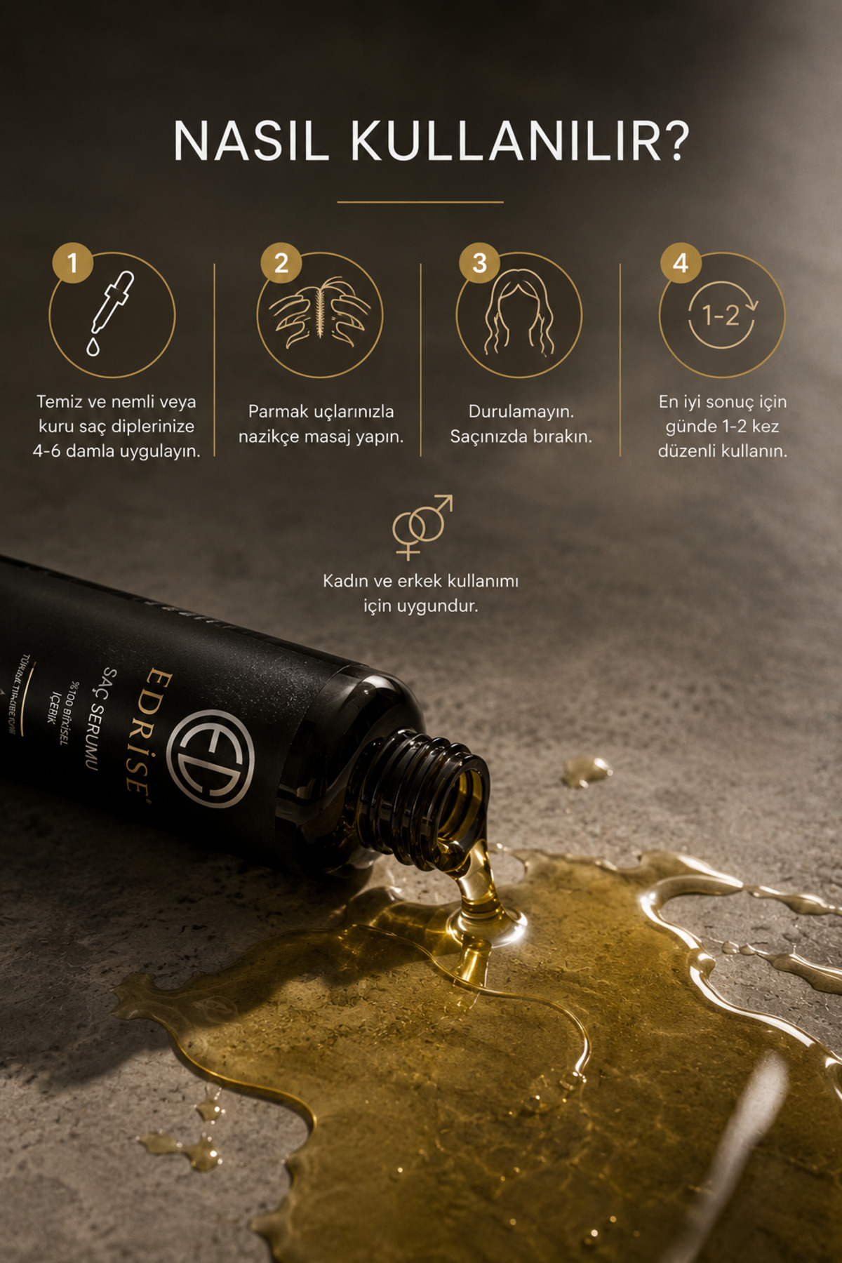 Premium Saç Bakım Serumu 100 ml | 11 Bitkisel Yağ & E Vitamini | Yoğun Besleyici ve Onarıcı Bakım | Tüm Saç Tipleri | Kadın & Erkek — EDRİSE100 — تصویر 4 از 4