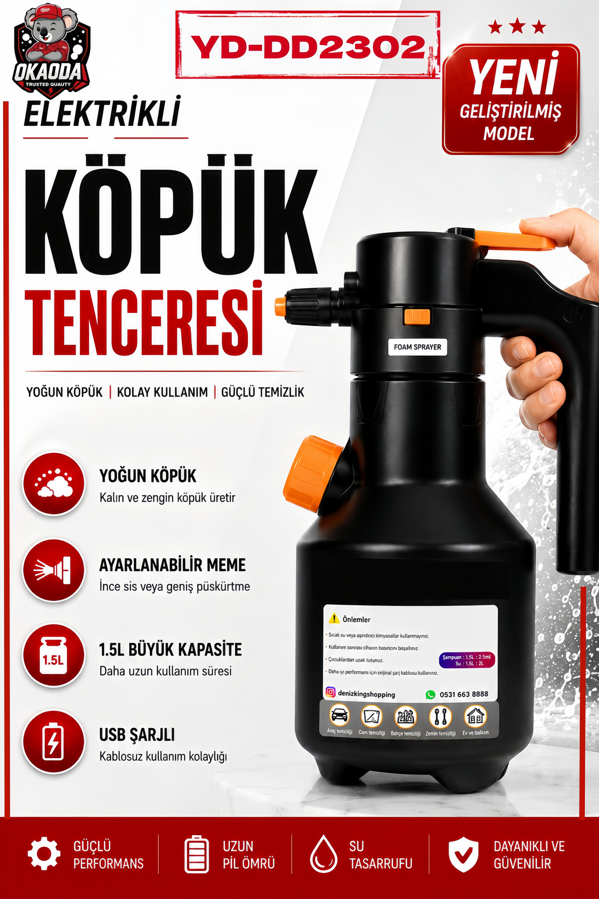 🚀okoda YD-DD2302 Rechargeable Automatic High Pressure Household Car Wash Cleaning Foam Sprayer