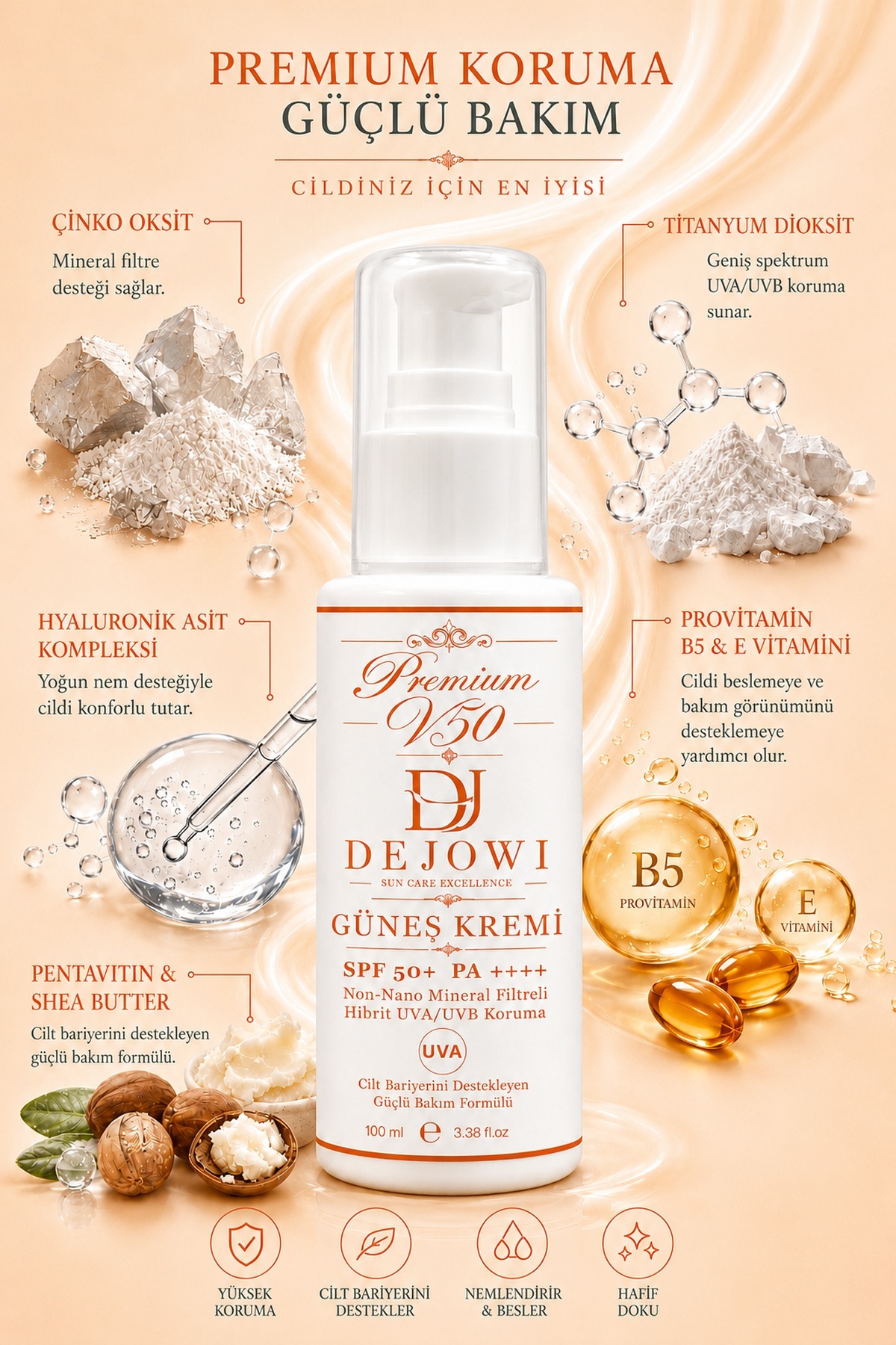 کرم ضد آفتاب V50 Premium با فیلتر معدنی و محافظت هیبریدی UVA/UVB و SPF 50+ و PA++++، ۱۰۰ میلی‌لیتر — ۳۰۰۶۴ — تصویر 5 از 5