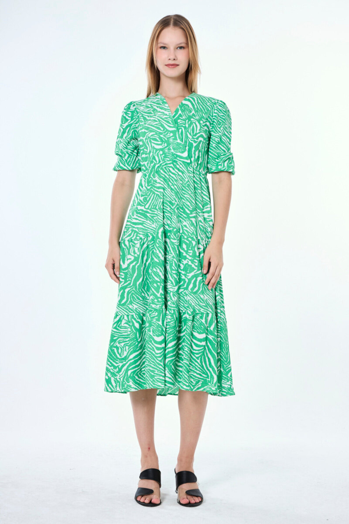 MY GRS Elastic Waist V-Neck Dress
