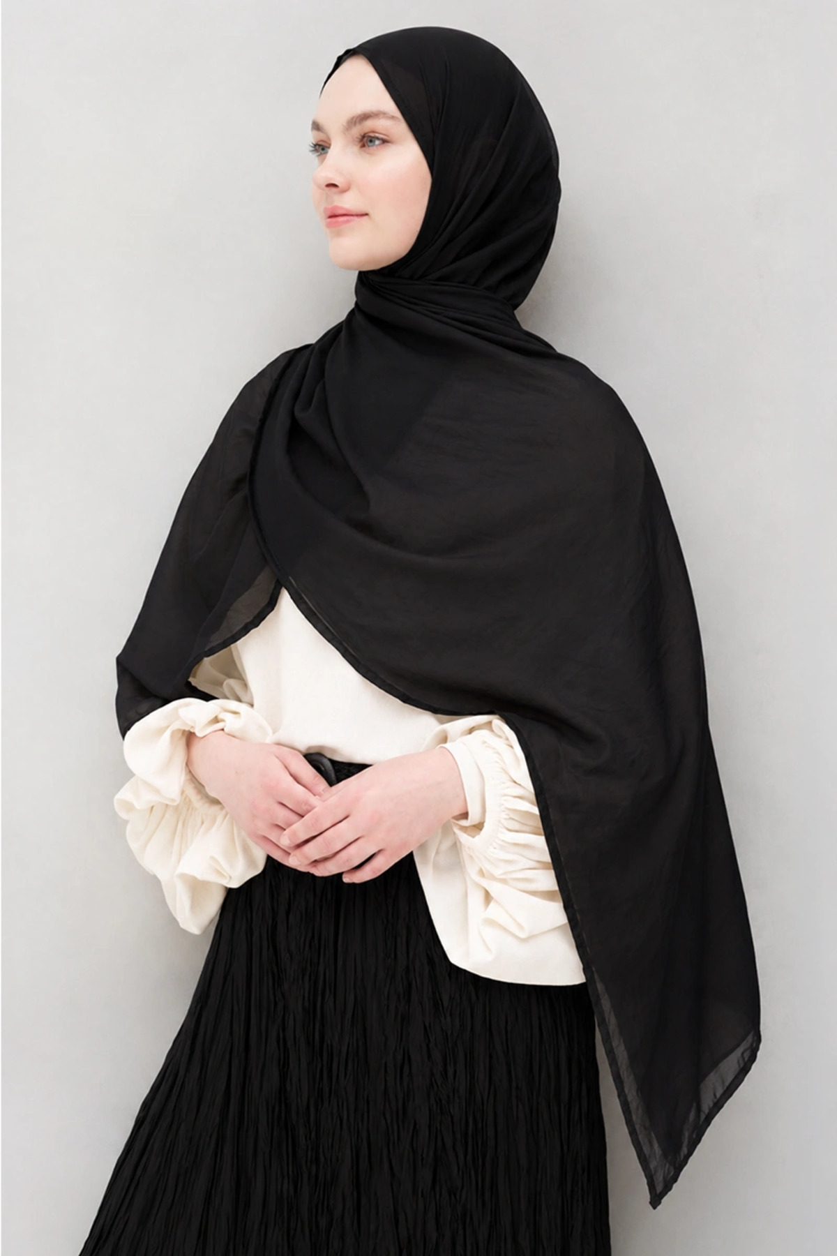 Madame Polo Krep Şifon Şal - Siyah görsel 2