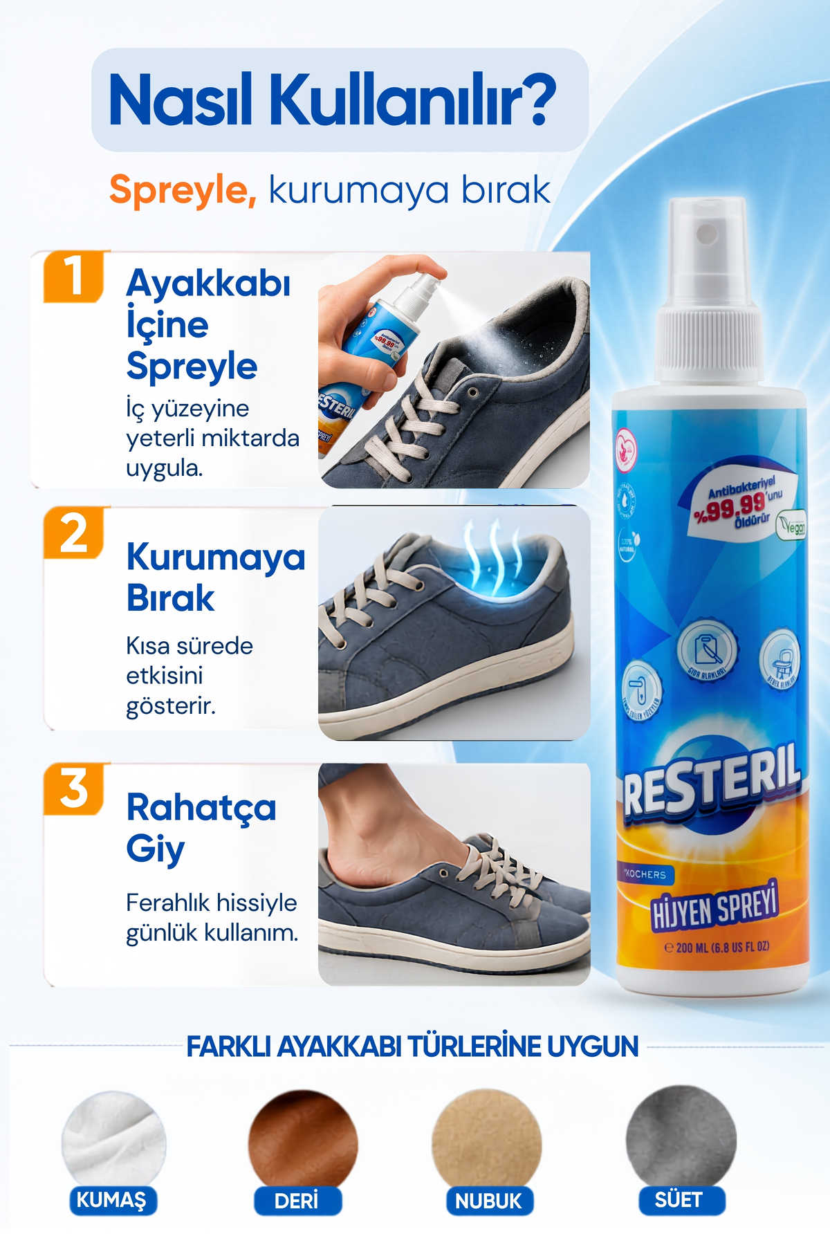 Ayakkabı Koku Giderici Sprey Ayak Kokusu Giderici Parfümsüz Ayakkabı Deodorantı Mantar Kaynaklı Kokulara Karşı Dezenfektan Spreyi 200ml x3 — TYC00310619238 — تصویر 5 از 7