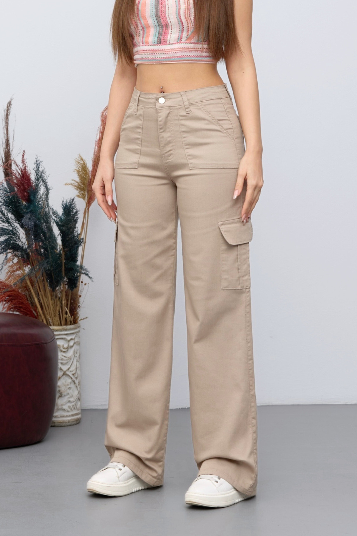 BİKELİFE Beige Cargo Pocket Lycra High Waist Wide Leg Trousers