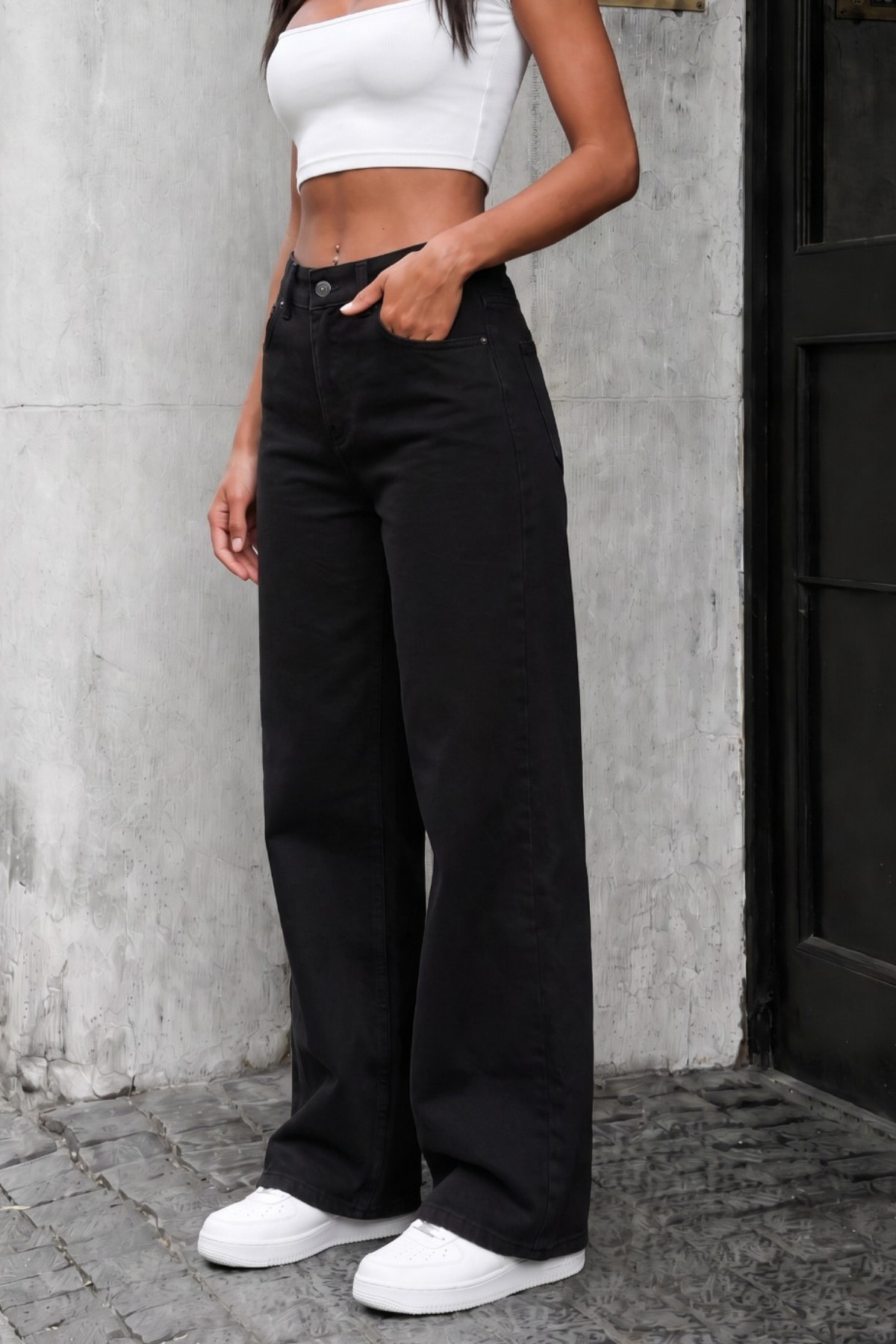 alanora Kadın Yüksek Bel Likralı Geniş Paça Palazzo Jeans görsel 2