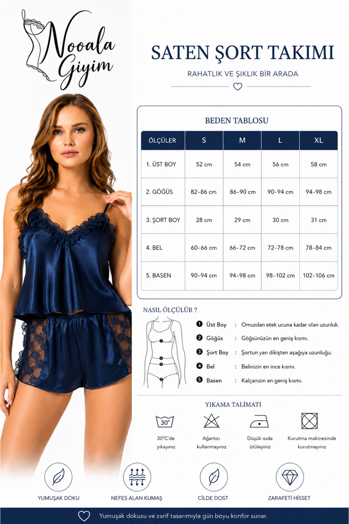 NOOALA GİYİM Saten ve Fransız Dantel Detaylı İkili Şortlu Pijama Takımı görsel 3
