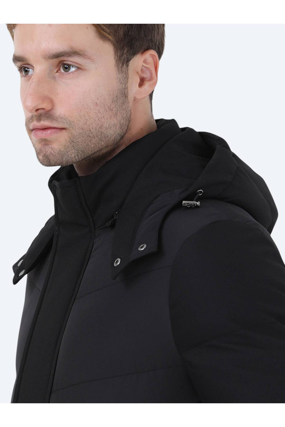 Kip Siyah Regular Fit Kapüşonlu Casual Dokuma Kaban görsel 6