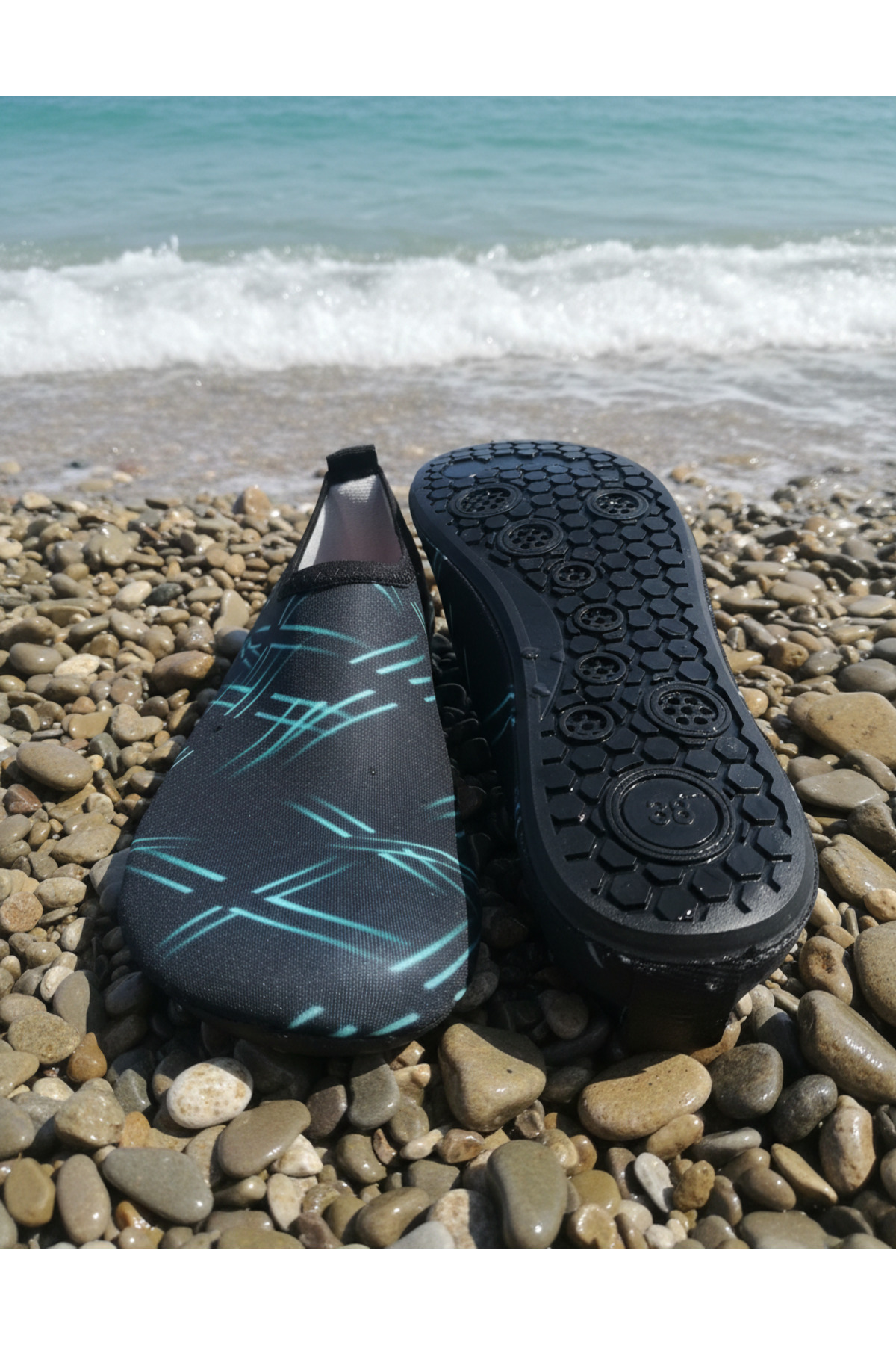 Sea&Blue Siyah Mavi Desenli Kaymaz Tabanlı Deniz Ayakkabısı - Esnek Plaj ve Havuz Ayakkabısı - Deniz Patiği görsel 4