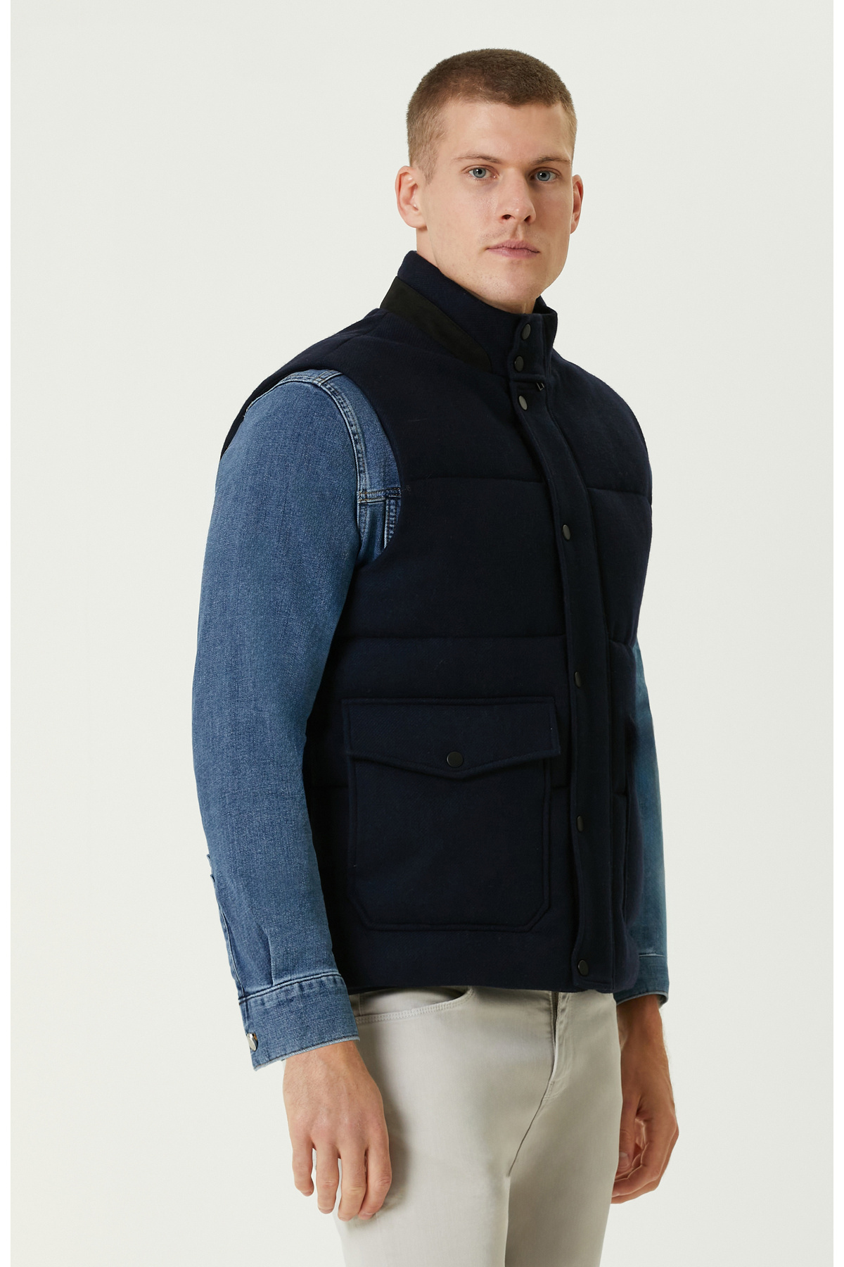 Network Lacivert Yün Karışımlı Puffer Casual Yelek görsel 4