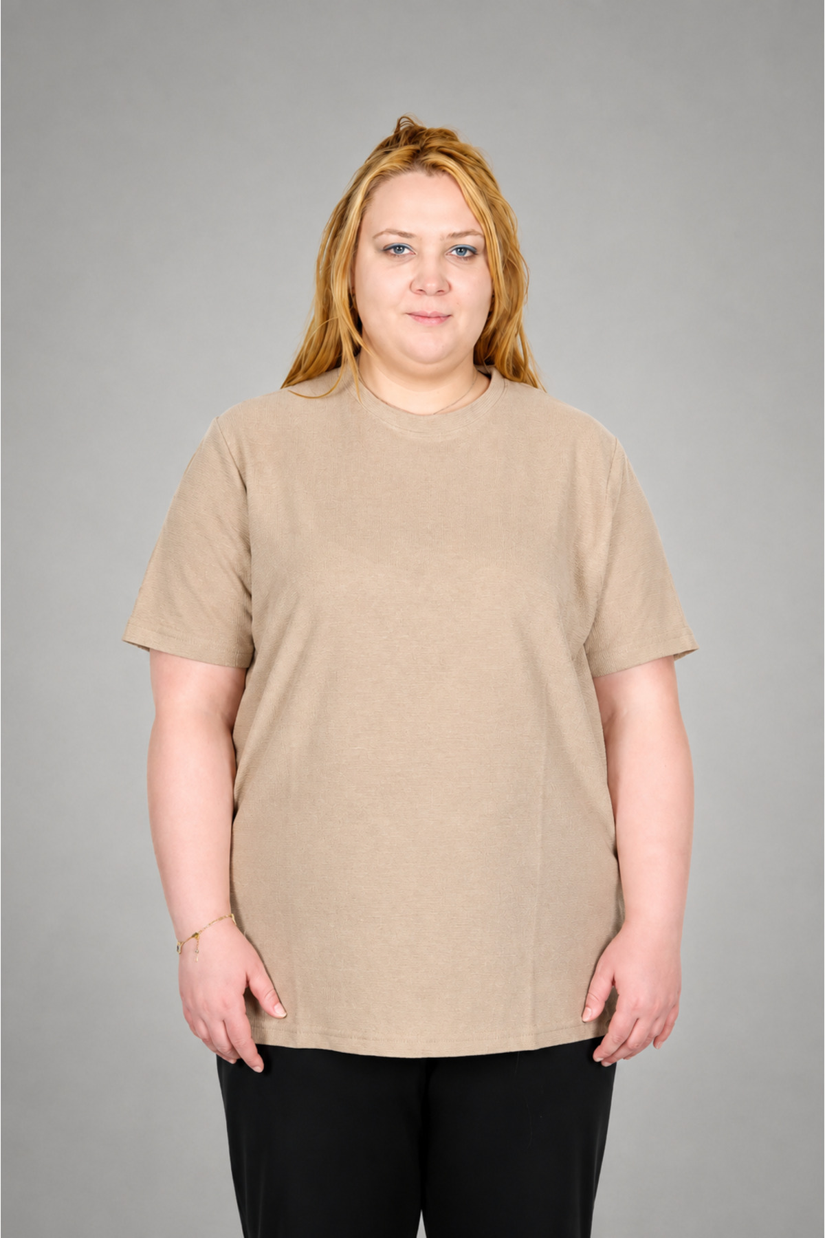 Modexl Gerçek Büyük Beden Kadın Waffle Dokulu Tişört 20033 BEJ