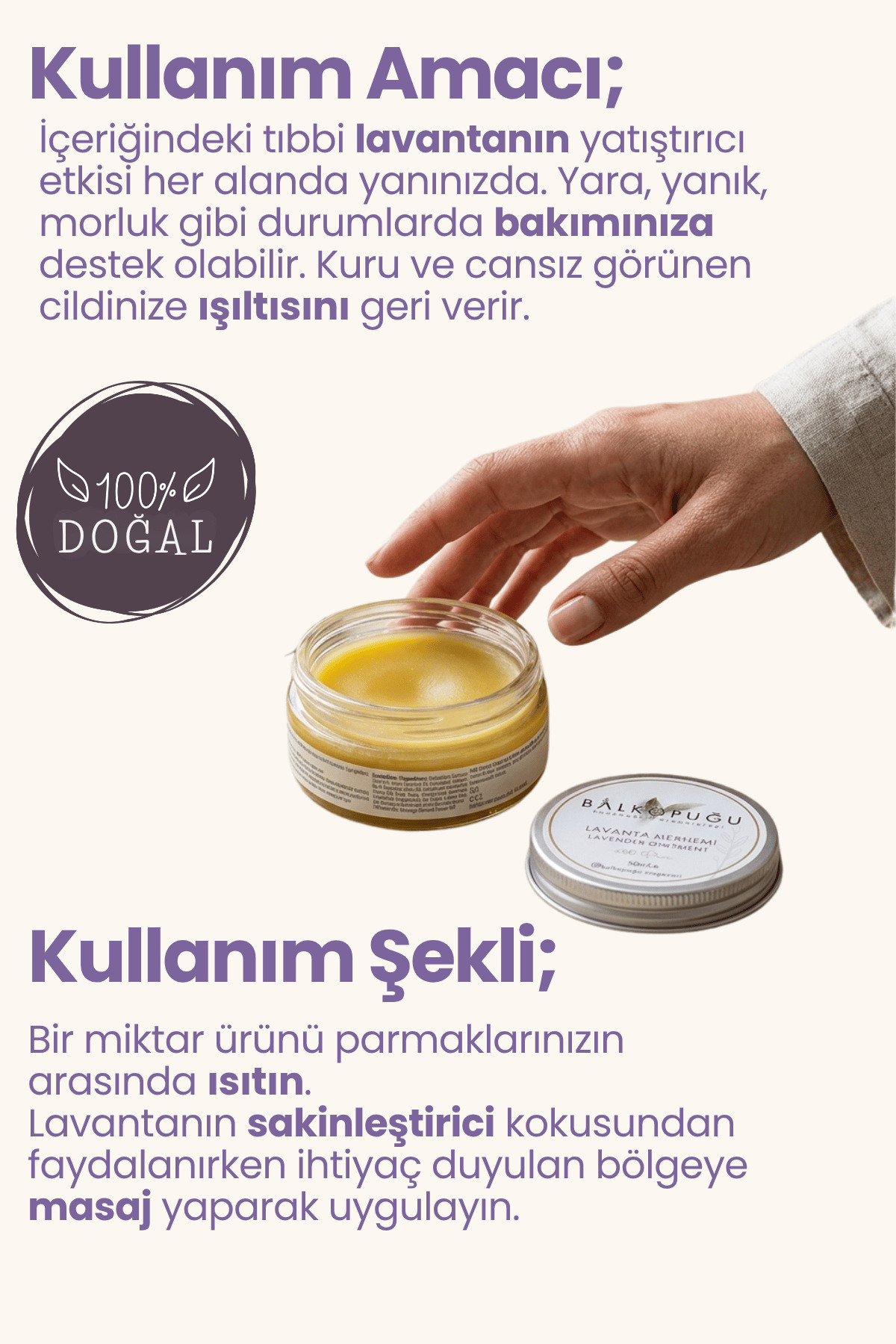 %100 Doğal Lavanta Merhemi Koruyucu, Onarıcı, Yatıştırıcı Bitkisel Bakım — LVNT1 — تصویر 3 از 3