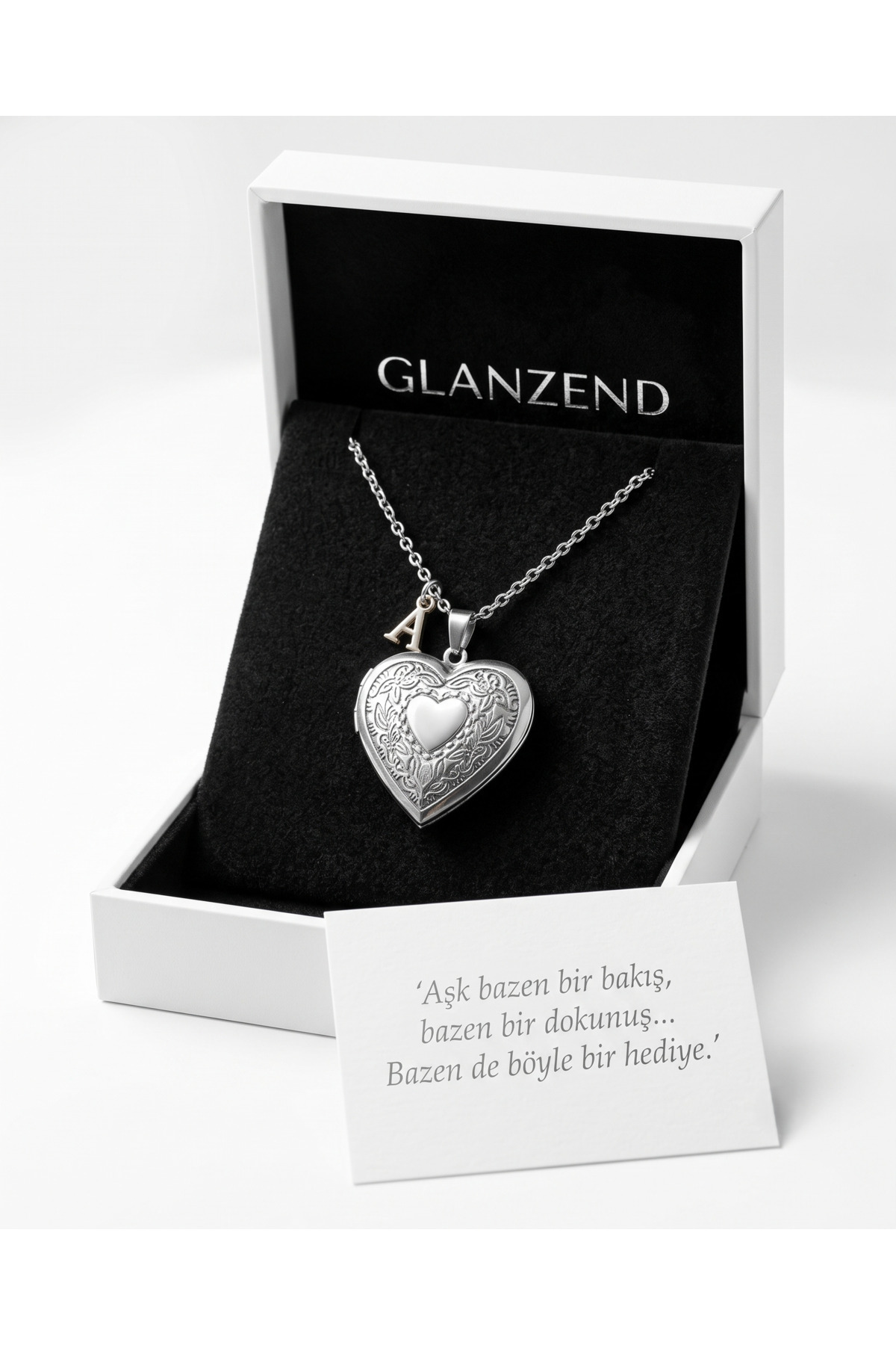 GLANZEND Kişiye Özel Harfli Kalp Desenli Açılabilir Kapaklı Resimlikli Kalp Çelik Kolye Çift Kolyesi Harfli görsel 2