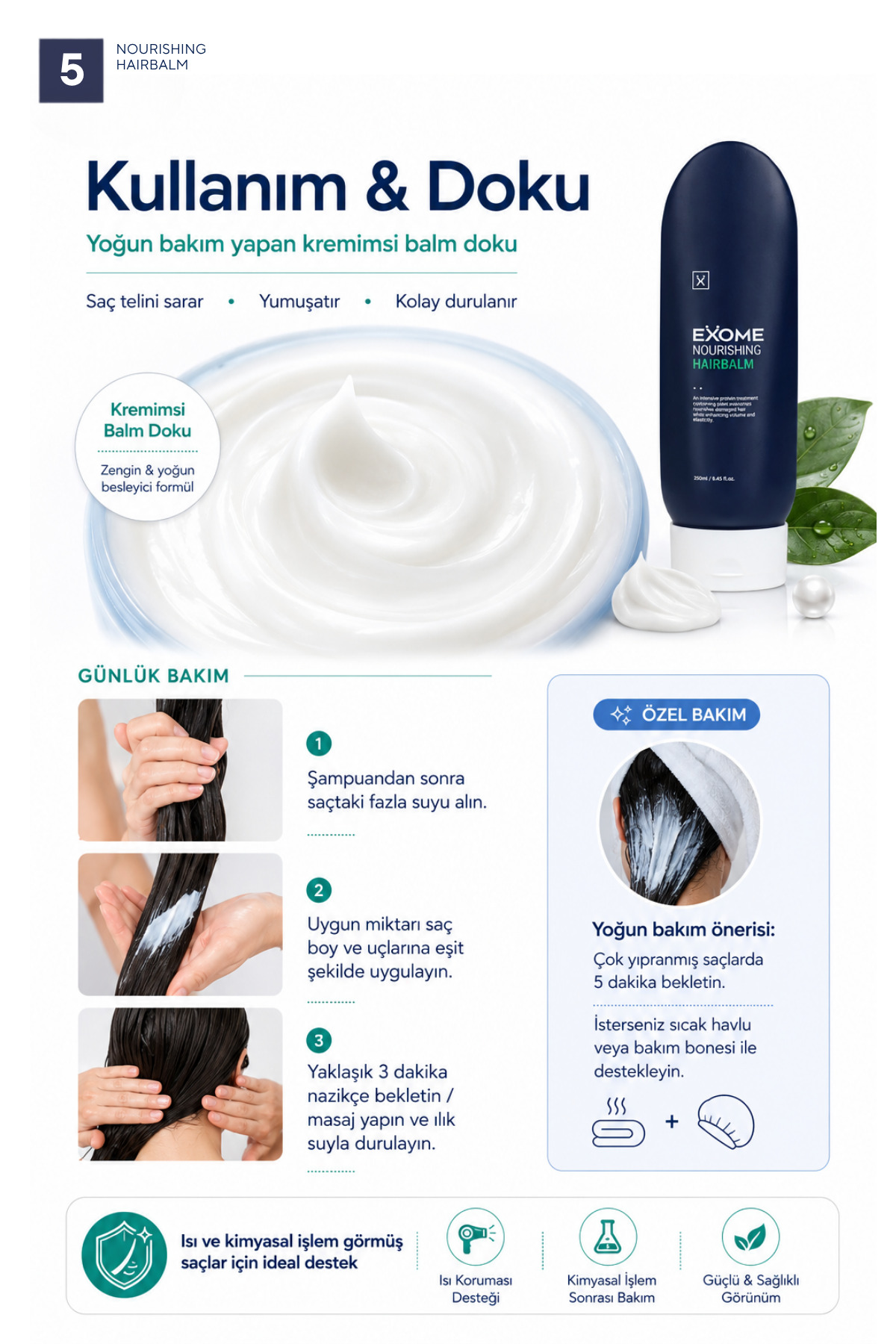 Onarıcı Saç Kremi | Eksozomlu Besleyici Bakım | Kuru ve Yıpranmış Saçlar İçin | Hair Balm | 250 ml — Exome008 — تصویر 6 از 6