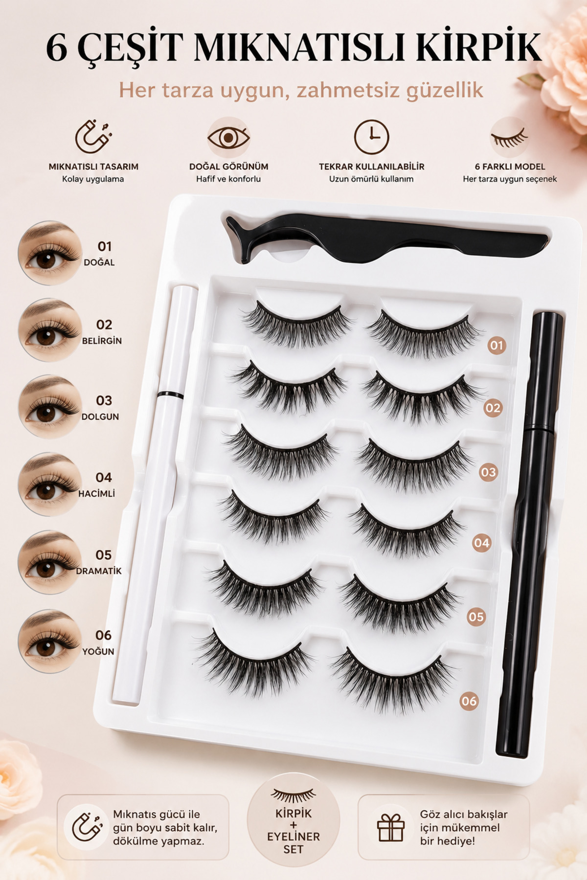 Suya Dayanıklı Şeffaf ve Siyah Eyeliner Yapıştırıcı Biribrinden Farkılı 6Çift Takma Kirpik — 6 çift 12 adet- kirpik-gk — تصویر 4 از 4