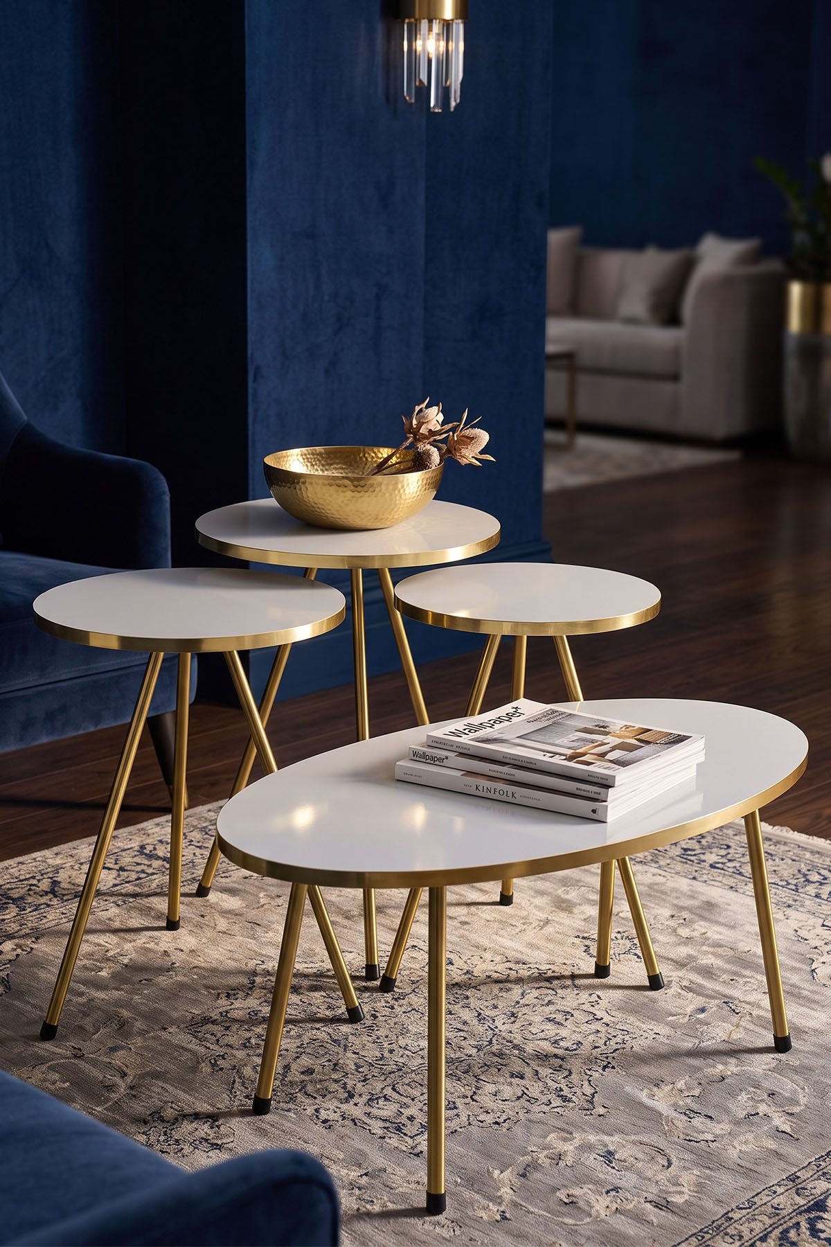 Goldfalez Gold Oval Sehpa Seti Beyaz 4'lü