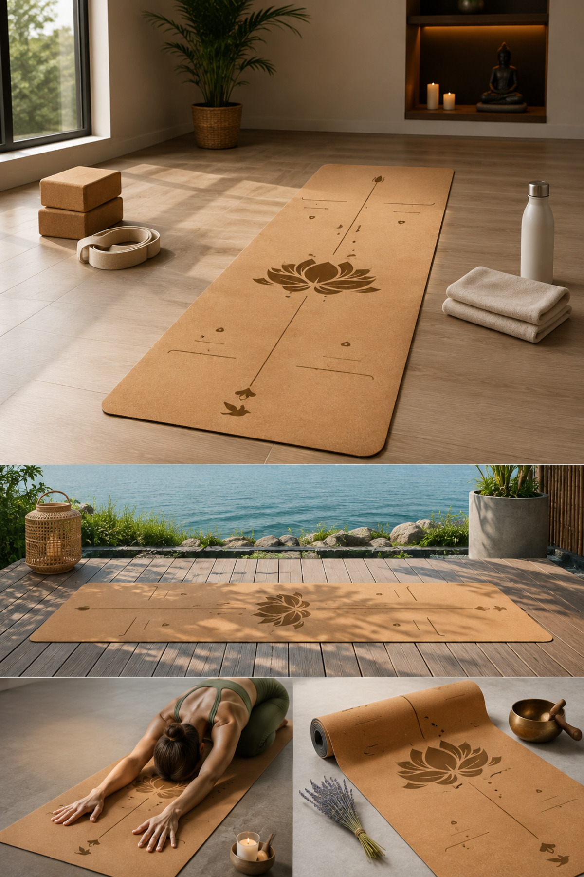 Lovelybird Tpe Üzeri Doğal Mantar Kaplama Yoga Fitness Matı 5 Mm Non-slip Mat Çantası Hediyeli