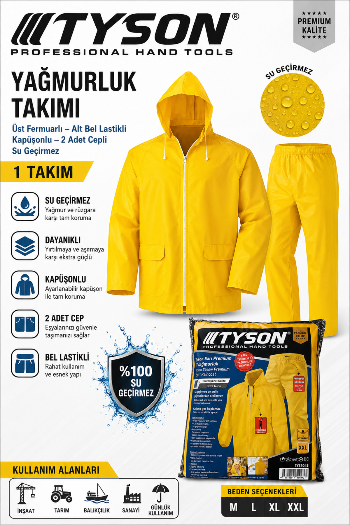 TYSON Yağmurluk Üst Fermuarlı Alt Bel Lastikli Kapüşönlü 2 Adet Cepli Su Geçirmez 1 Takım
