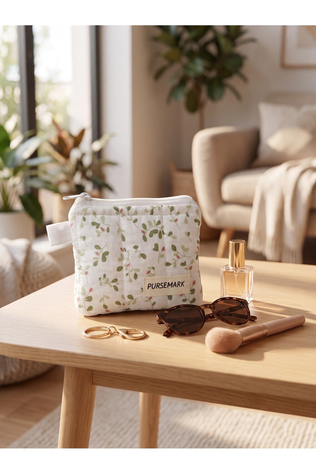 PURSEMARK Ekru Yeşil Çiçek Desenli El Yapımı Küçük Cüzdan görsel 7