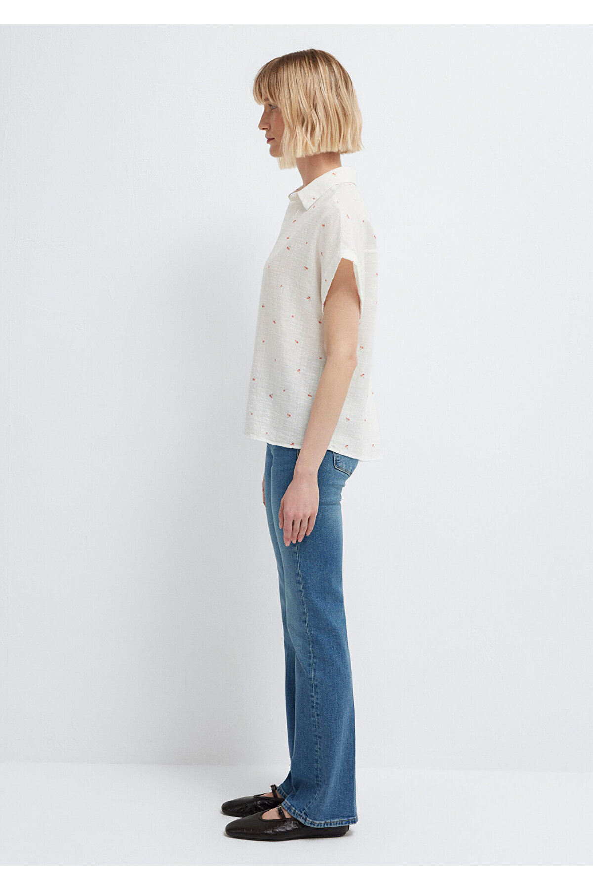 Turuncu Çiçek Baskılı Ekru Gömlek Loose Fit / Bol Rahat Kesim 1211445-91495 — نارنجی — تصویر 5 از 8
