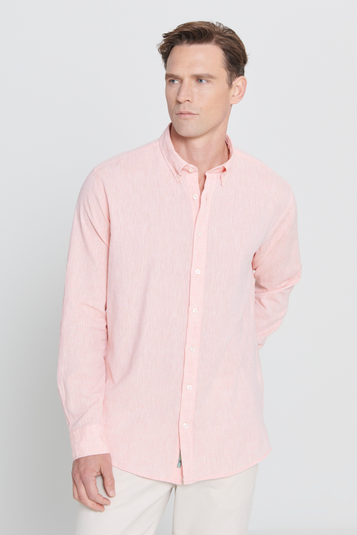 AC&Co / Altınyıldız Classics Erkek Yavruağzı Keten Comfort Fit Rahat Kesim Düğmeli Yaka Casual Gömlek görsel 6