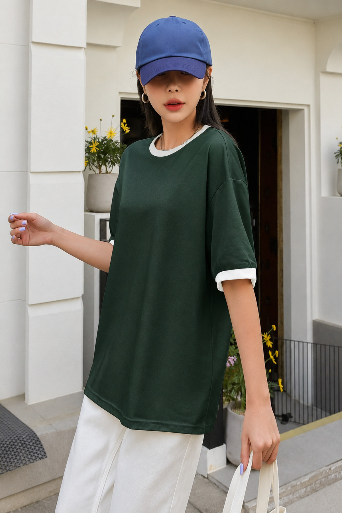 CLAYES Nefti Yeşil Gövde Beyaz Biyeli T-shirt - Oversize Bisiklet Yaka Kısa Kol Tişört görsel 4