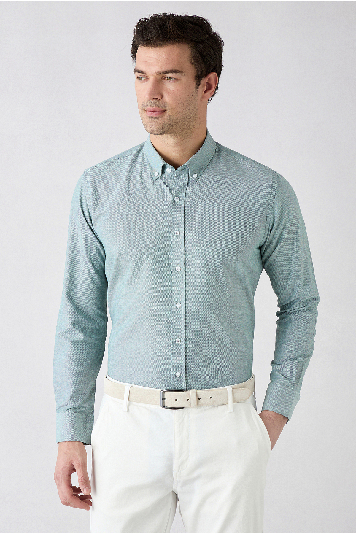 Kiğılı Uzun Kol Slim Fit Düğmeli Yaka Pamuklu Kolay Ütülenebilir 4 Mevsim Oxford Gömlek