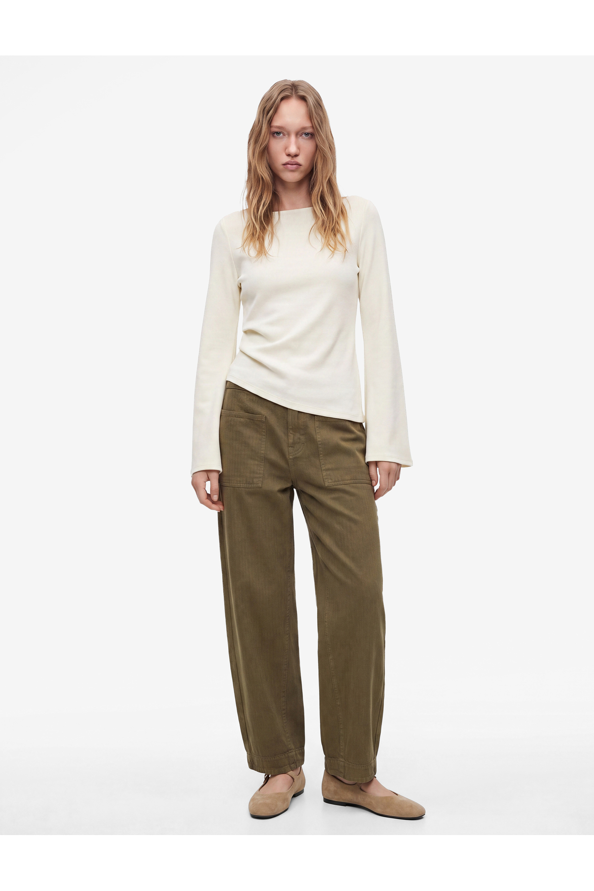 Koton Cotton Draped Asymmetrical Cut Long Spanish Sleeve T-Shirt