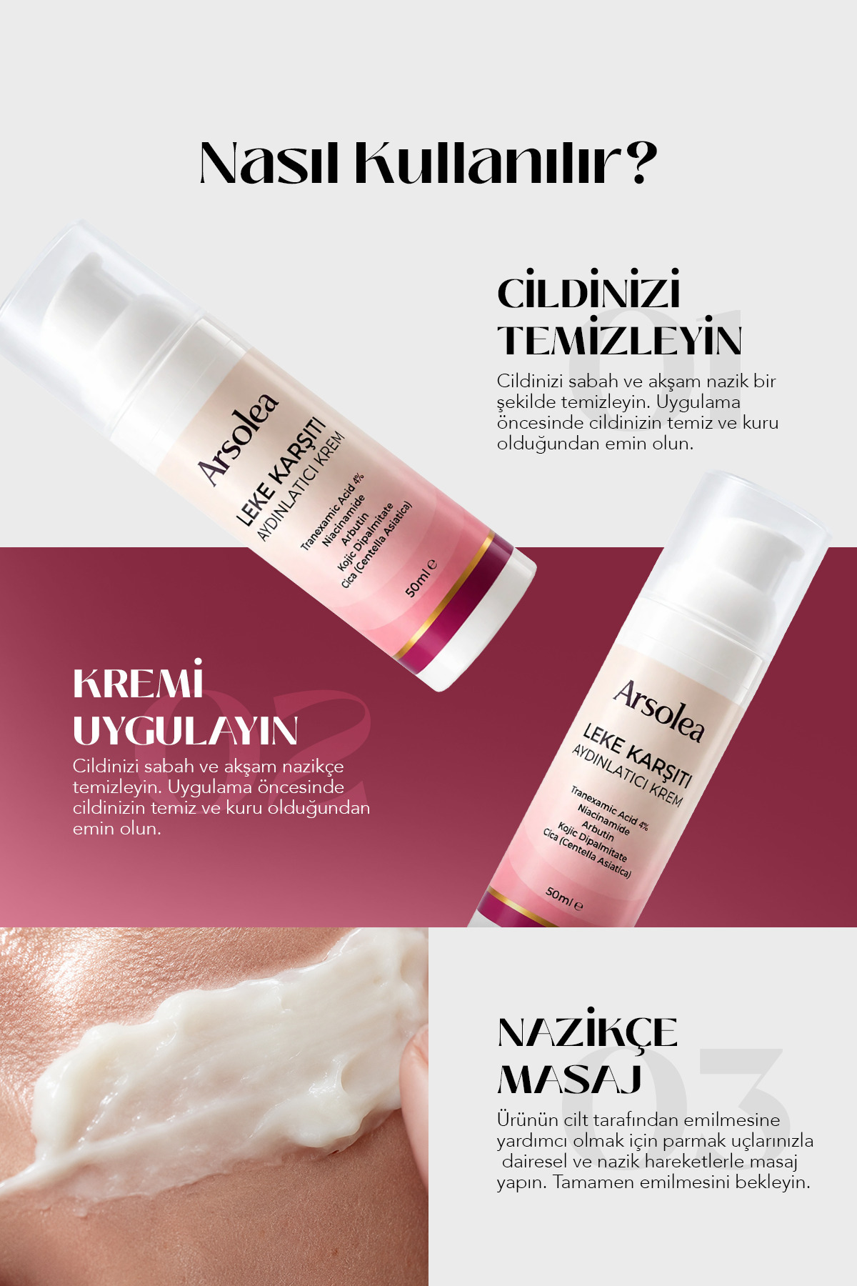Leke Bakım Kremi %4 Tranexamic Acid Arbutin Kojic Dipalmitate 50 ml Cilt Tonu Eşitleyici Bakım — lekekrem — تصویر 5 از 7
