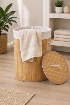 BEST CONCEPT Silindir Doğal Bambu Çamaşır Sepeti Katlanabilir 35x35x50
