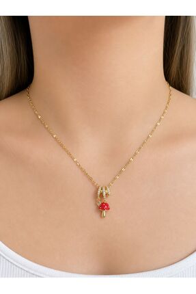 StainlessStore Çelik gold kolye kırmızı mantar başlığı ile göz dolduran nadid...