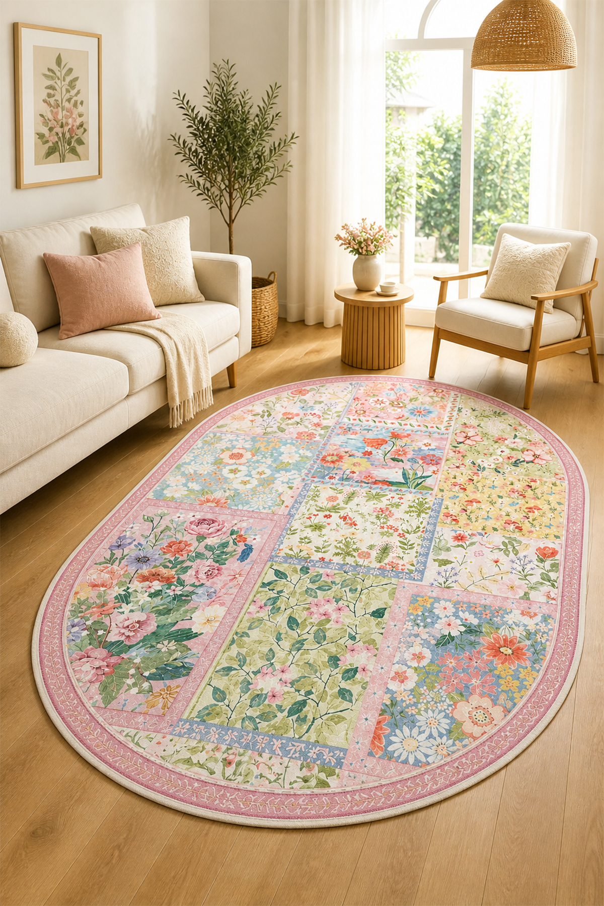 Digital Anti-Slip Washable Oval Floral Patchwork Vintage Color Living Room Rug Kitchen Rug Runner