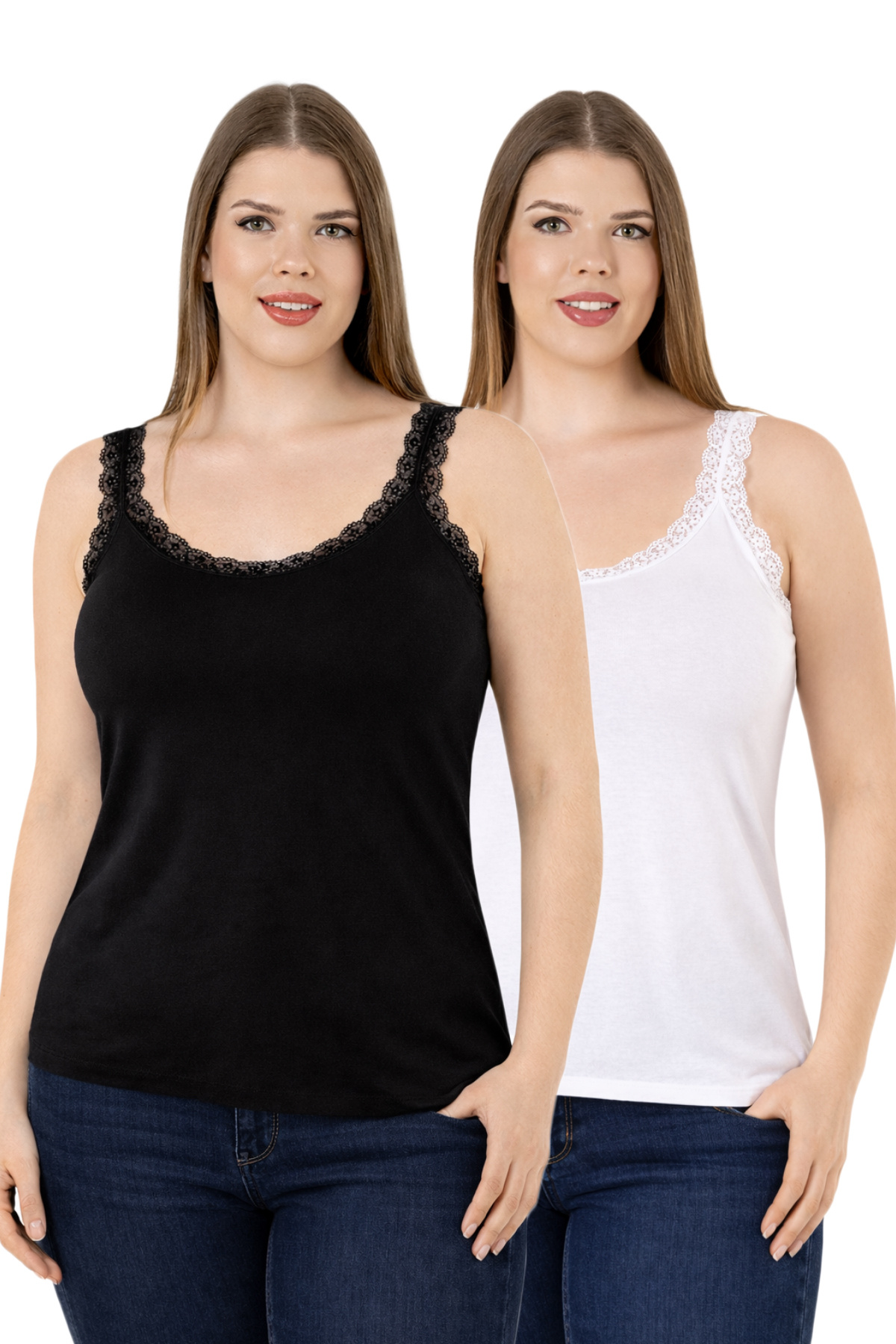 Özkan 26802 2-Pack Women's Cotton Lycra Single Jersey Lace Detailed Thick Strap Plus Size Singlet