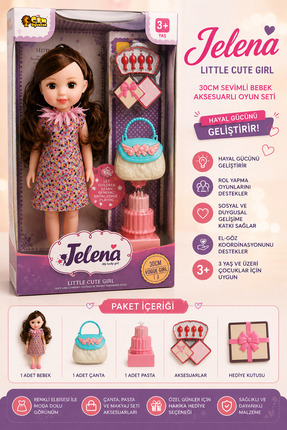 Sıraç İthalat Aksesuarlı Kız Oyuncak Bebek 30 CM – Jelena Moda Bebek Seti