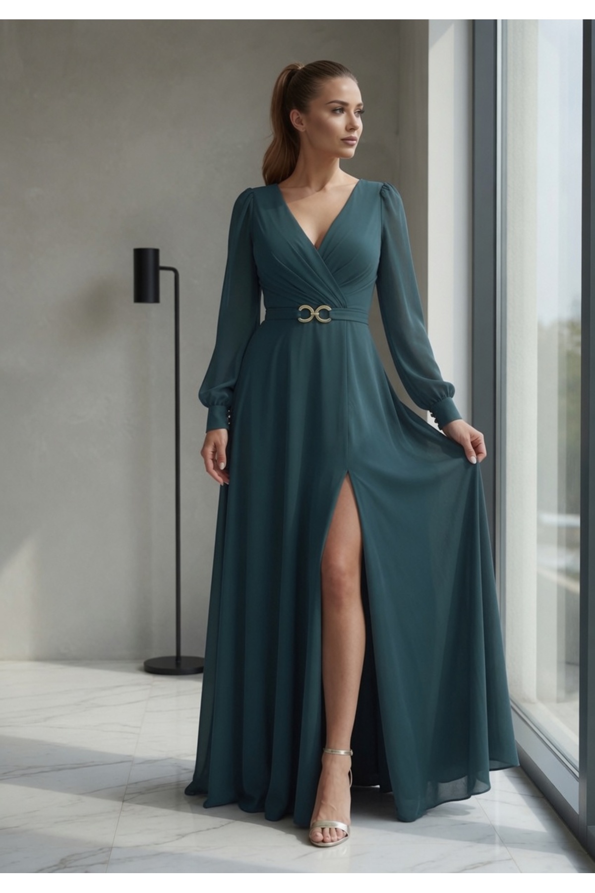 WRAP COLLAR LONG SLEEVE WAIST BUCKLE SLIT CHIFFON WEDDING AND OUTER SHOT EVENING DRESS