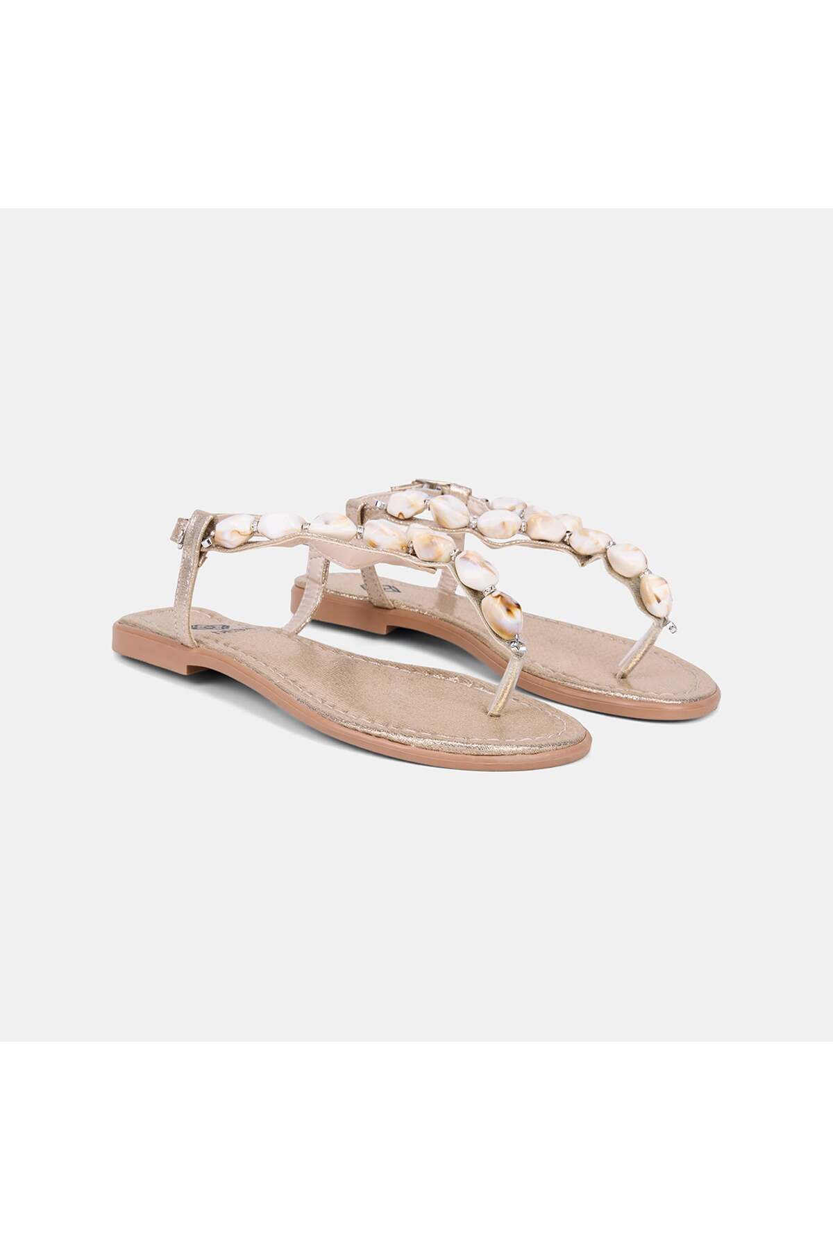 Women's Gold Buckle Bead Detailed Flip-Flops