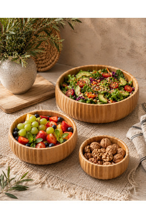 Durina Living 3’lü Bambu Servis Kasesi Seti Ahşap Salata Çerez Meyve Sunum Ka...