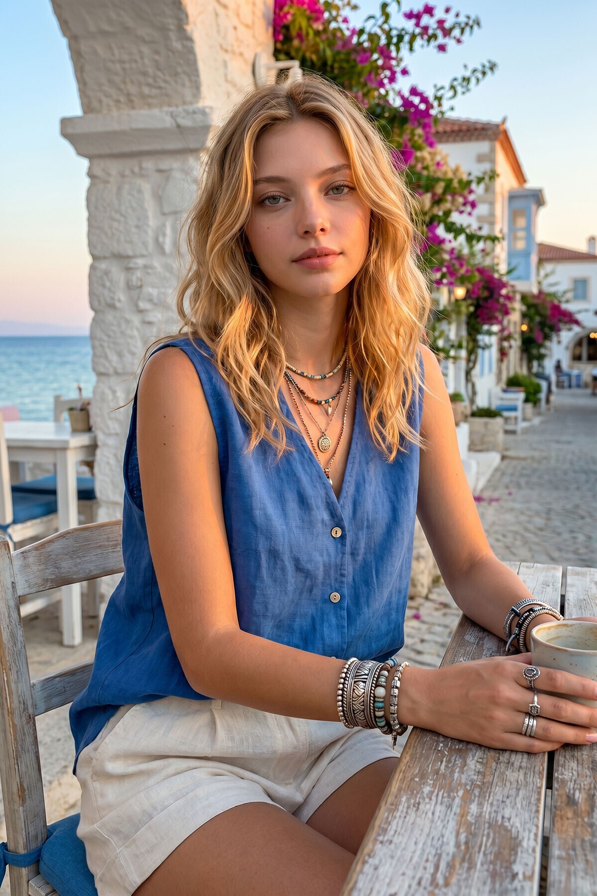 Alacati Linen Indigo Double Pocket Asymmetrical Buttoned Linen Blouse