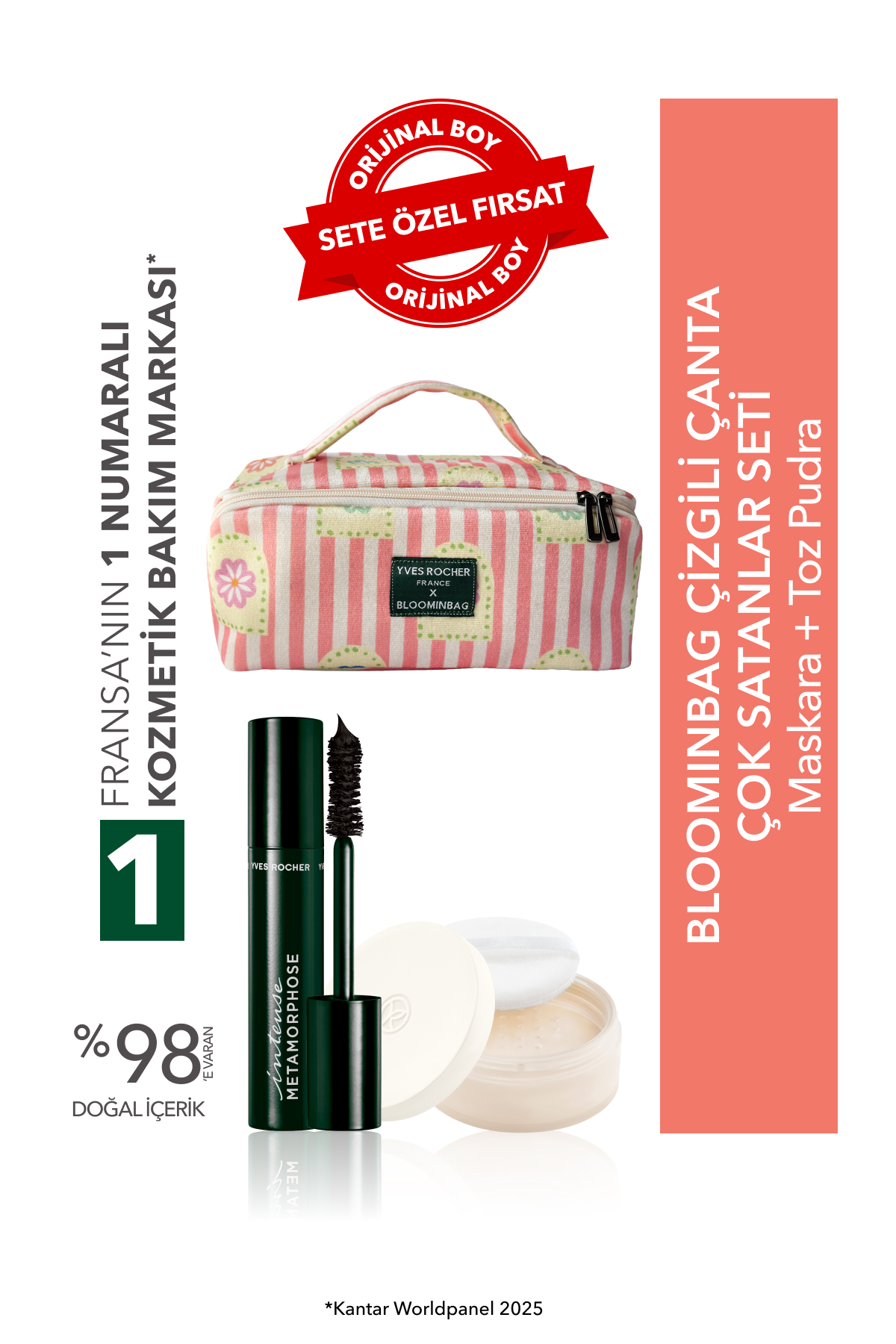Yves Rocher BloominBag Çizgili Çanta Seti- Toz Pudra 8.5 g & Maskara 7.8 ml - Fiyatı, Yorumları