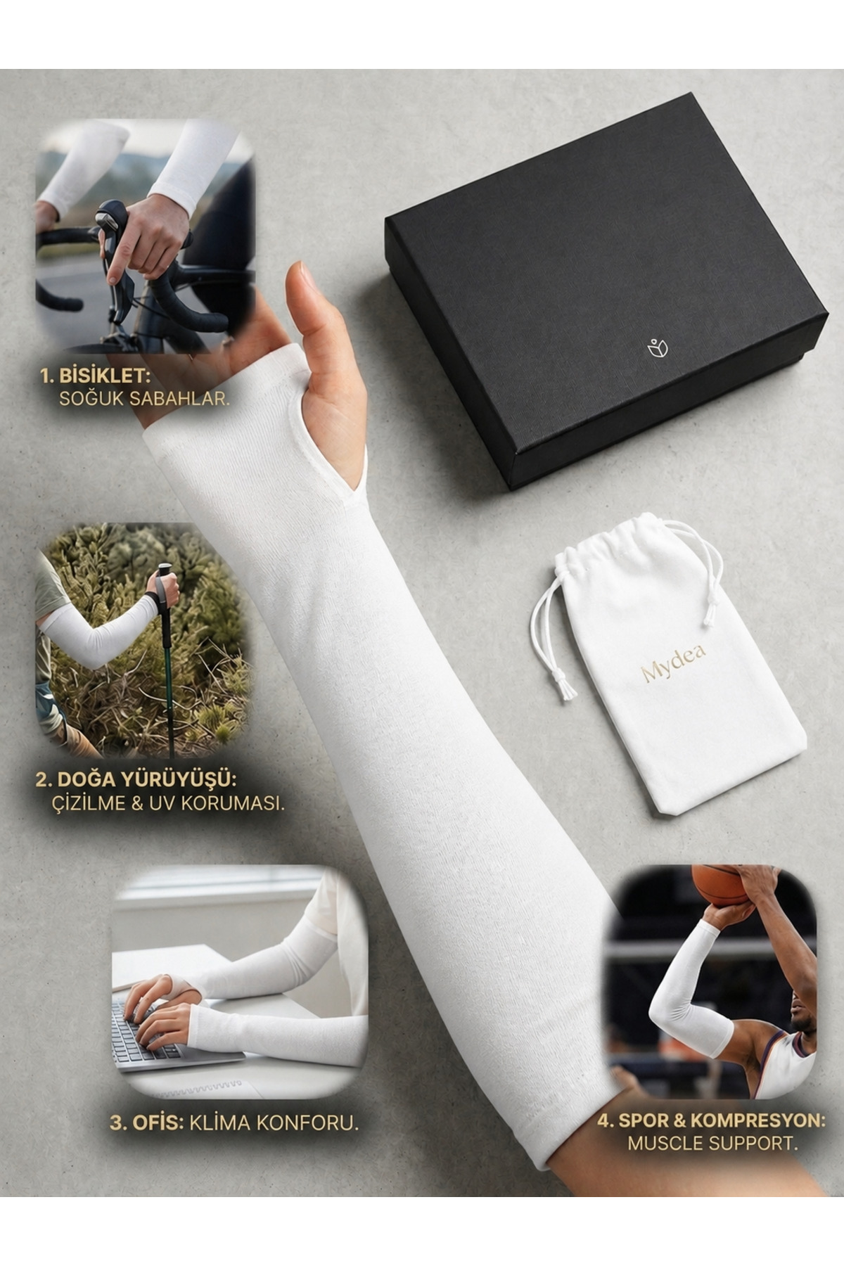 myDea Beyaz Parmak Geçmeli Kolluk Kol Uzatıcı, Esnek, Terletmeyen Tesettür & Spor Kullanım Paket İçeriği Çift El görsel 2