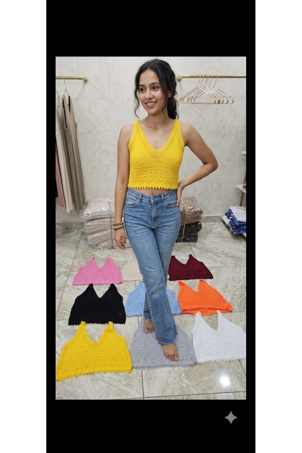 Sashaa Collection ajurlu askılı dantel detaylı crop bluz görsel 6