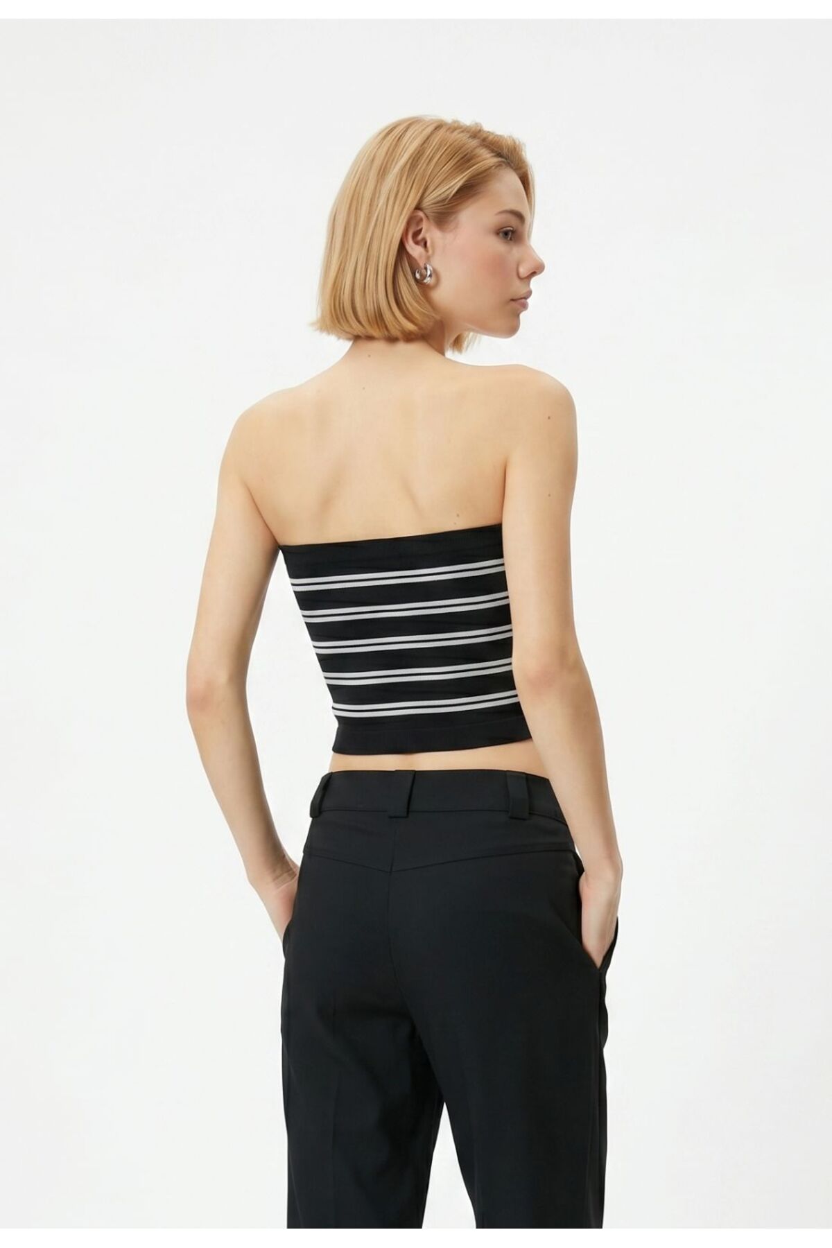 Formactive Kadın Çizgili Likralı Straplez Büstiyer Bluz, Esnek Kumaşlı Crop Top, Vücuda Oturan Şık Yazlık Atlet 1993 görsel 2