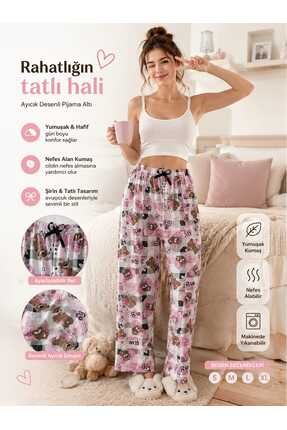 DİAMOND OUTLET kadın pembe ayıcık desenli pijama altı-rahat kesim ,lastikli b...