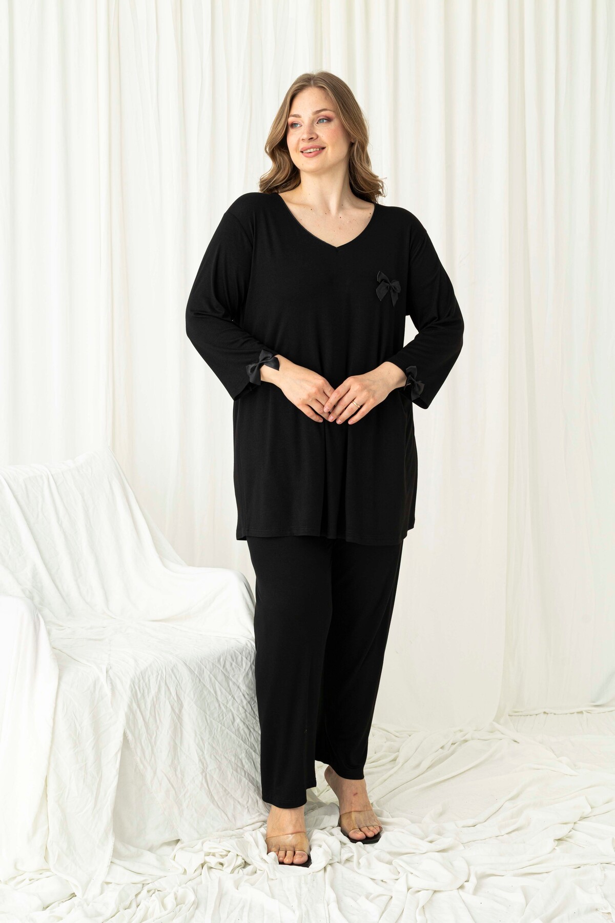 Miss Meryem Siyah Dantel Detaylı Ring Viskon Büyük Beden Üç Çeyrek Kol Tunik Pijama Takım görsel 2