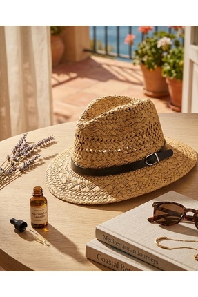 Virabio leather products Premium Deri Bantlı Camel Hasır Şapka - Tokalı Delik...