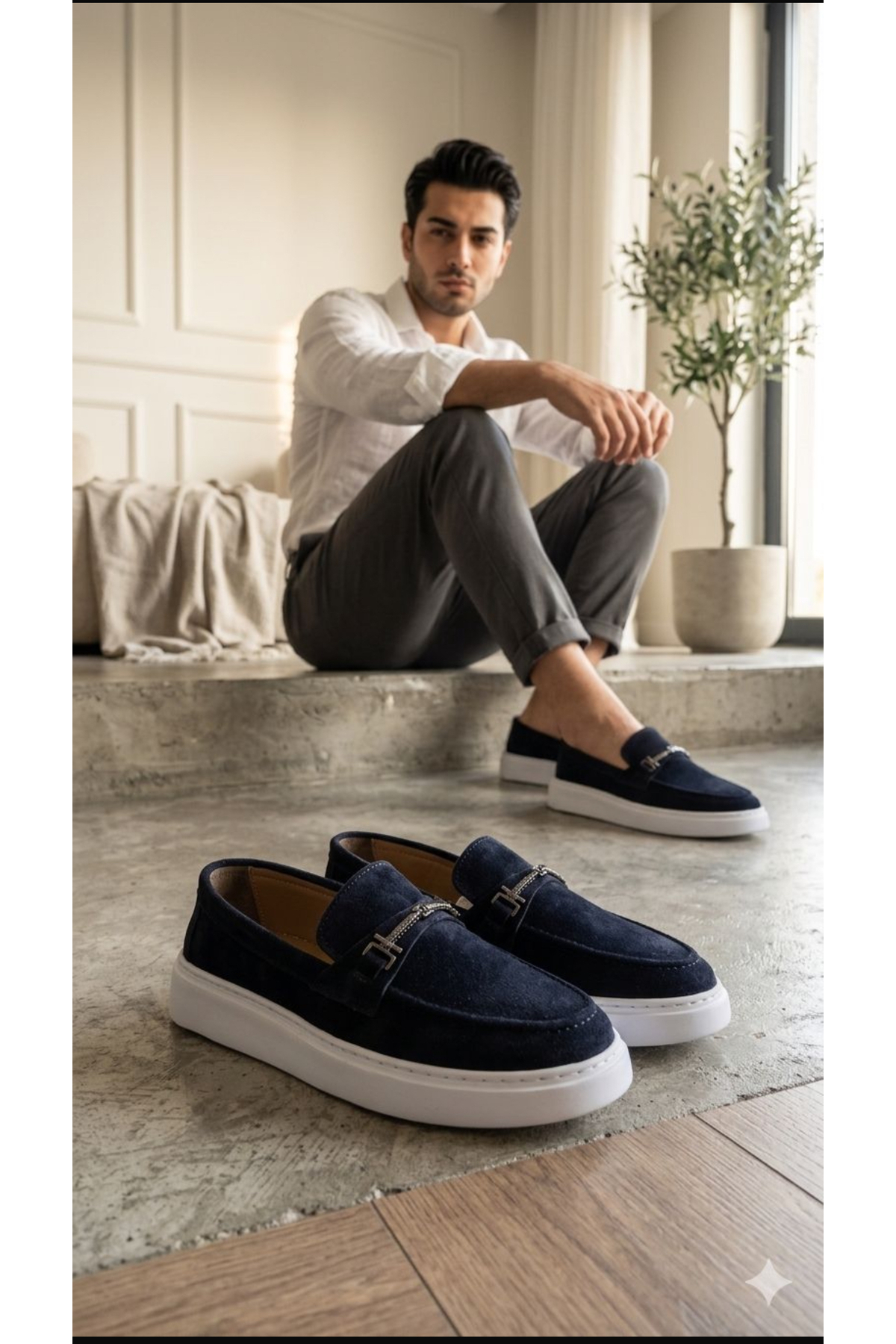 Milano Saphir loafer lacivert süet hakiki deri dikişli eva taban görsel 2